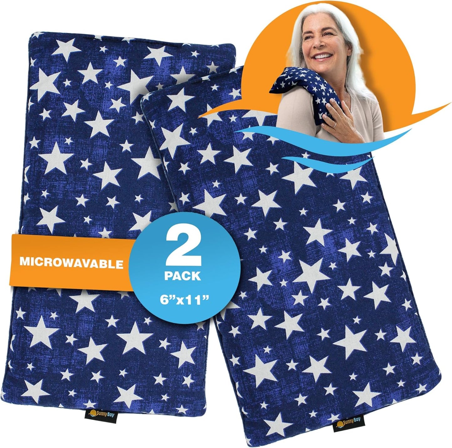 SunnyBay Small Microwave Heating Pad, Microwavable Versatile Cold/Heated Neck and Shoulder Wrap for Back Pain and More, Moist Heat Cotton-Fleece Pad, 6x11 Inches, Blue-Stars, Pack of 2
