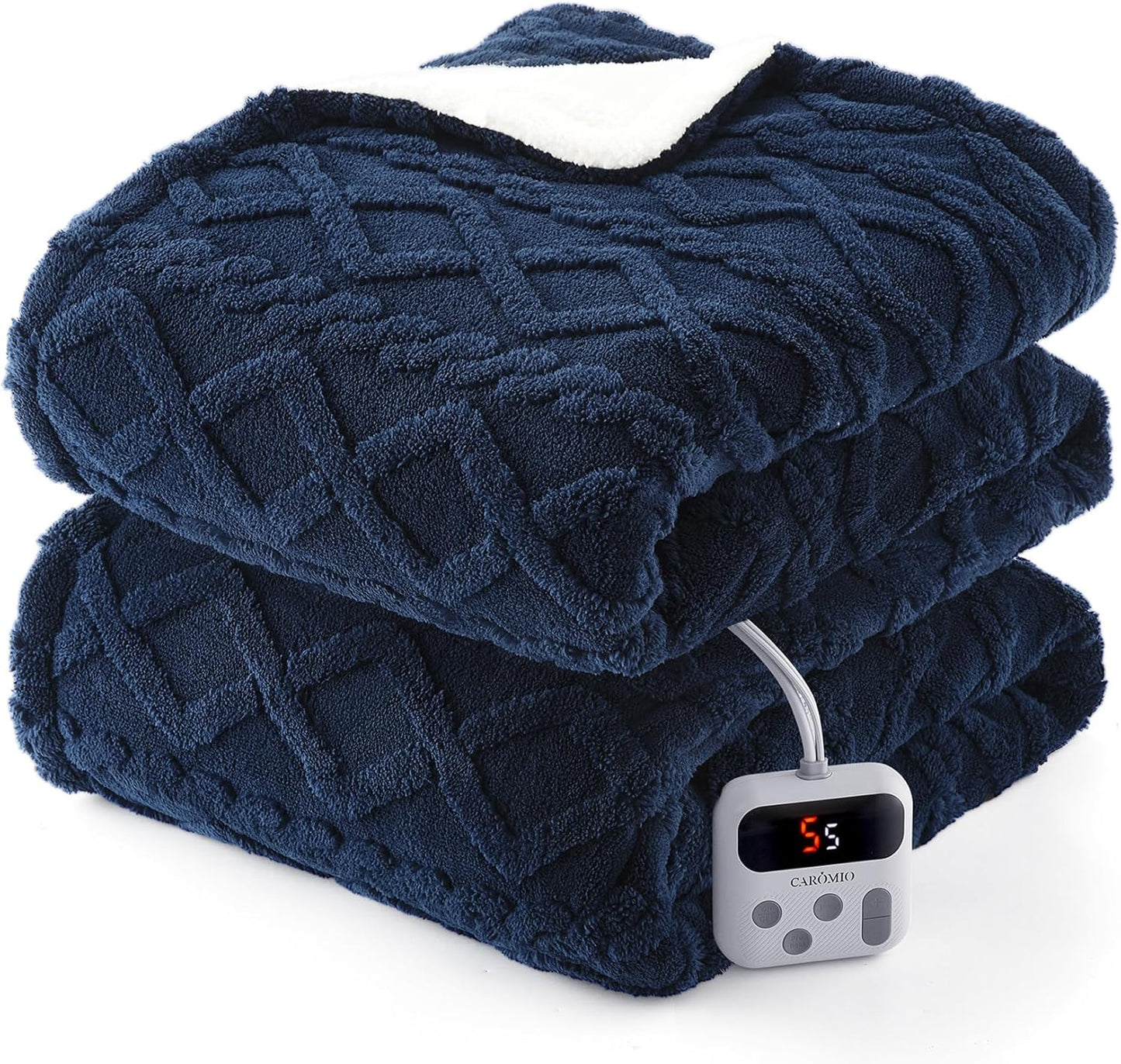 CAROMIO Electric Blanket Full Size - Thick Tufted Sherpa Heated Blanket with 10 Heating Levels and 10 Time Settings, ETL Certified Machine Washable Fast Heating Blanket Full 72"×84", Navy Blue