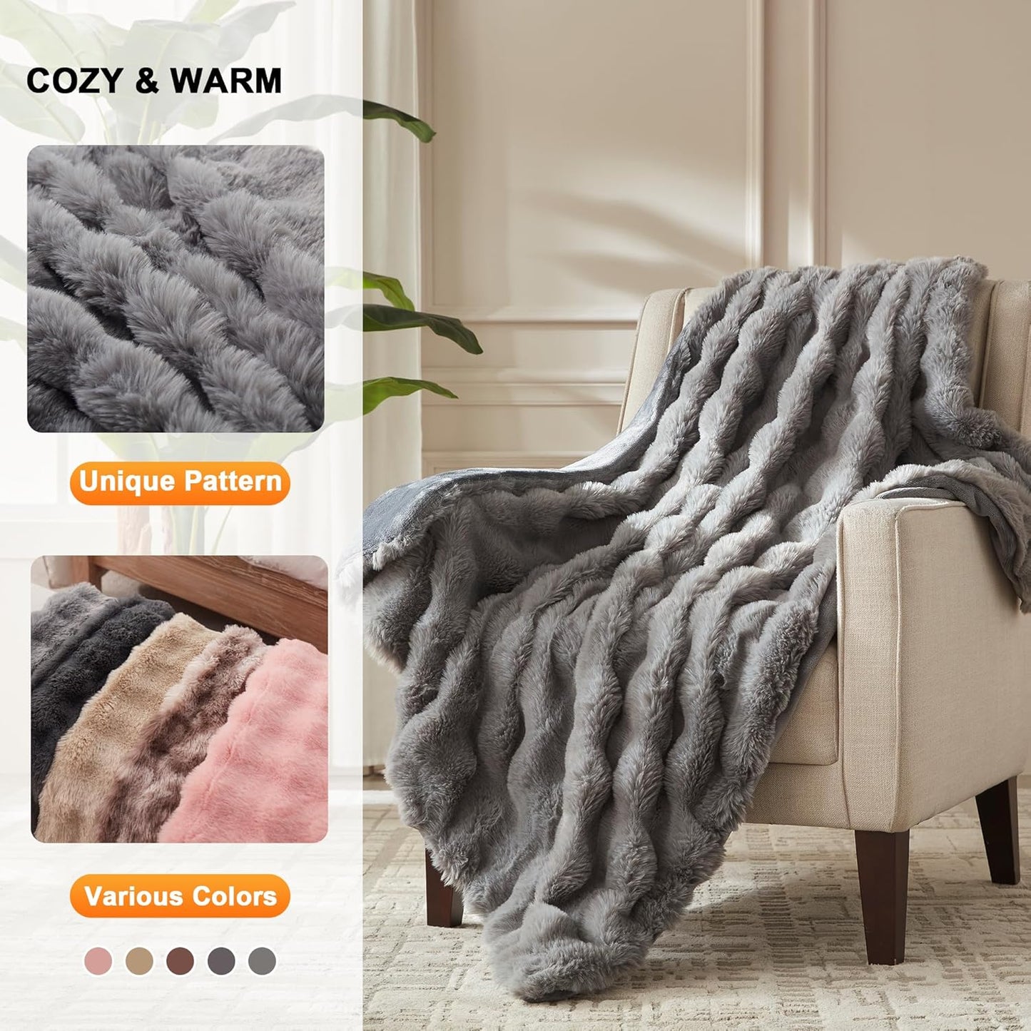 Heated Throw Blanket - Plush Thick Bubble Faux Fur Heated Blanket, Fast Heating Electric Blanket 6 Heating Levels & 4 Hours Auto-Off, Machine Washable, 50"x60", London Grey