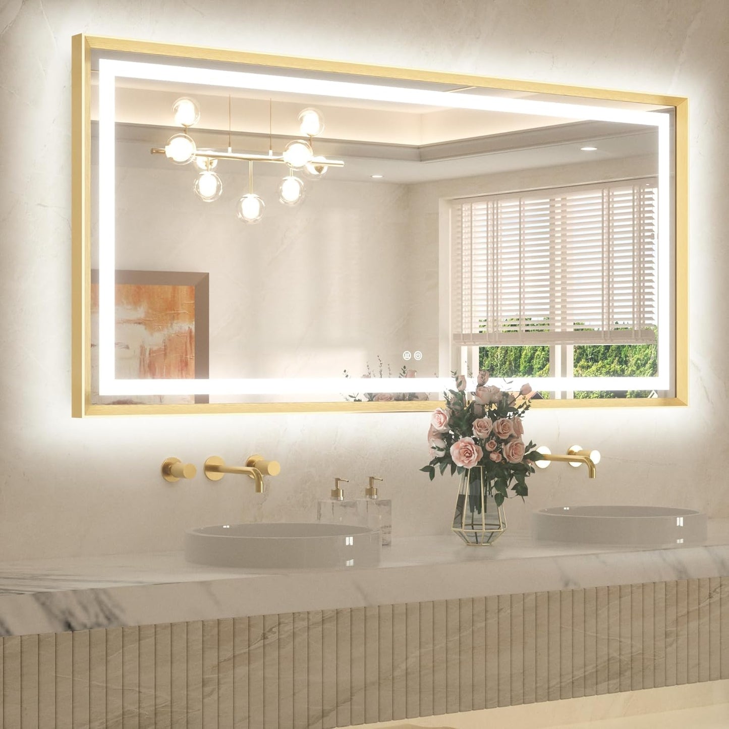 TETOTE 60 x 30 Large Bathroom Mirror Brushed Gold Metal Frame Frontlit & Backlit Vanity Mirror 3 Colors White/Warm/Natural Stepless Dimmable Anti-Fog Bathroom Mirrors for Vanity Wall-Mounted