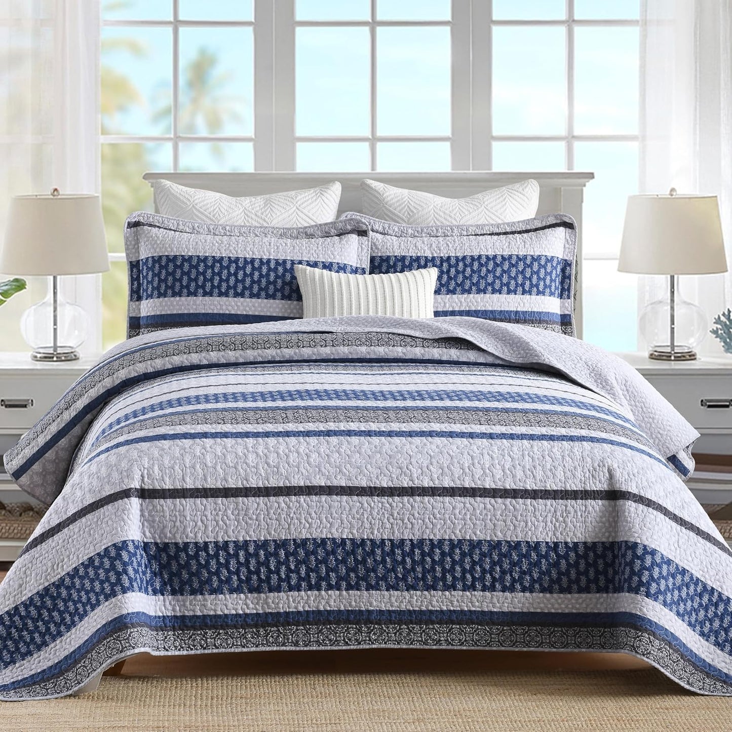 Homzard Quilt Bedding Set Twin Size - 100% Cotton Comforter Set,Gray Blue Quilts Bedspread for The Bed, Farmhouse Lightweight Bedding All Season