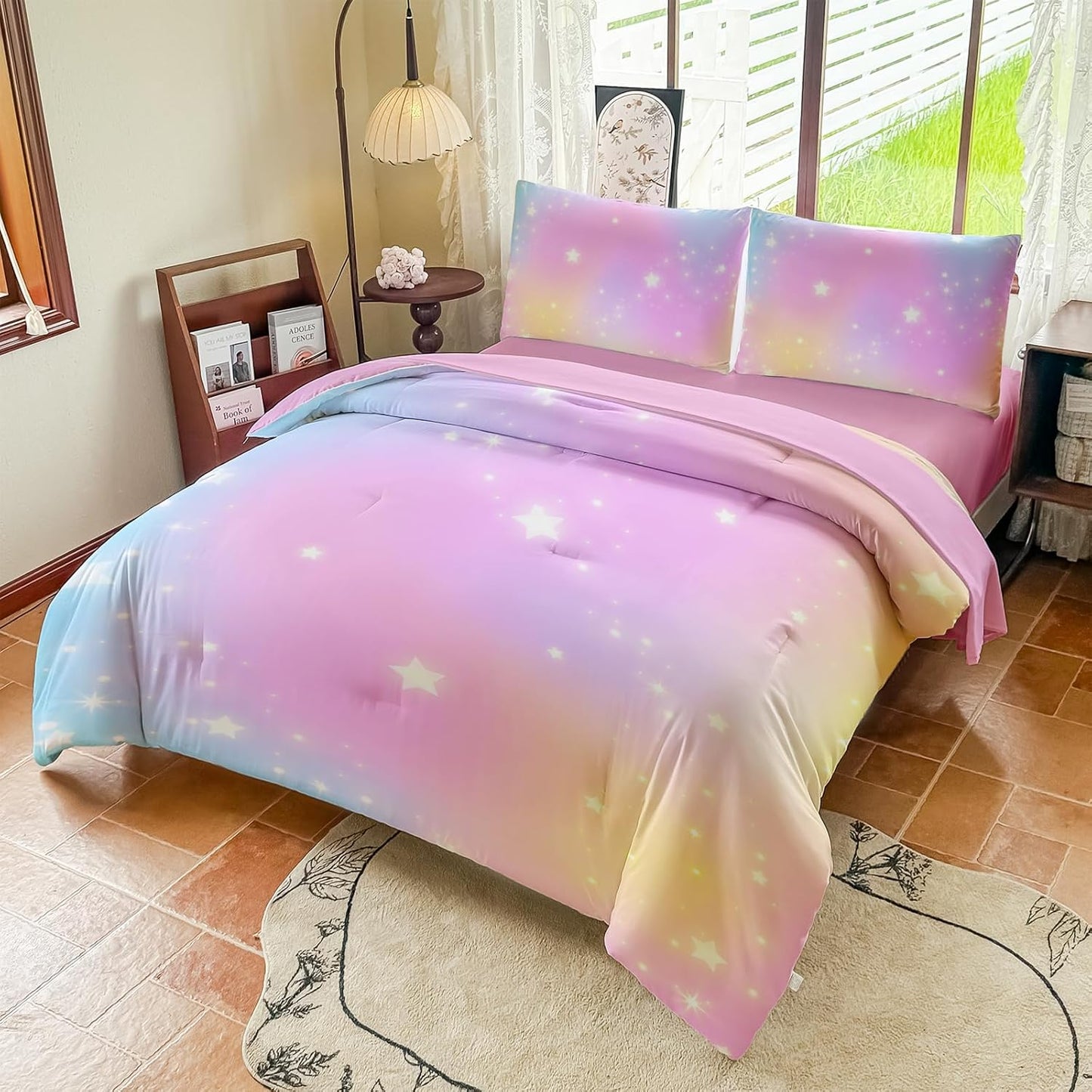 Rainbow Bedding Set Full Size – 5 Piece Reversible Girls Comforter with Deep-Pocket Sheet, Gradient Galaxy Design, Whole-Piece Filling, Machine Washable Bed-in-a-Bag for Kids Room Makeover & Gifts