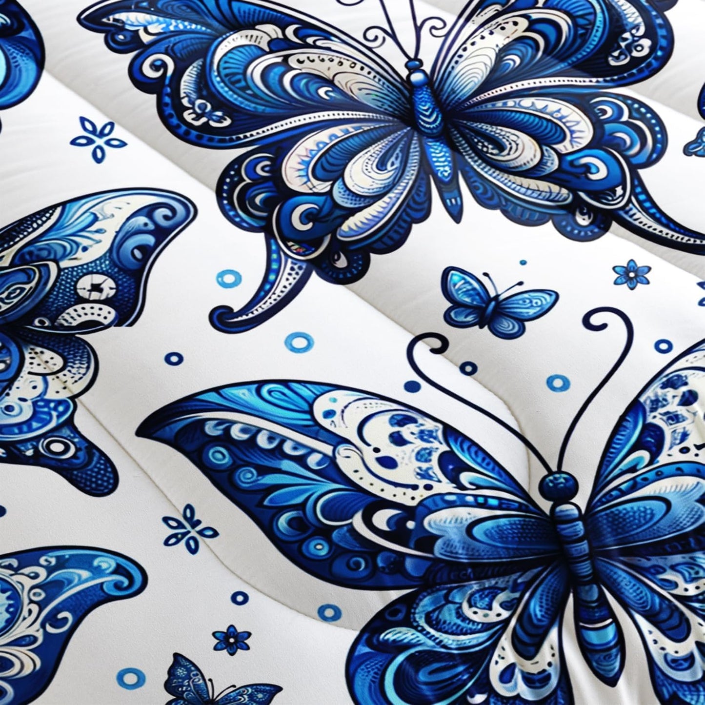 Blue Butterfly Comforter Bedding Set Queen Size,Bohemian Style Blue Series Bedding for Kids Girls Boys,Insect Themed Children's Bedding Soft Fluffy Comforter Sets with 2 Pillowcases.