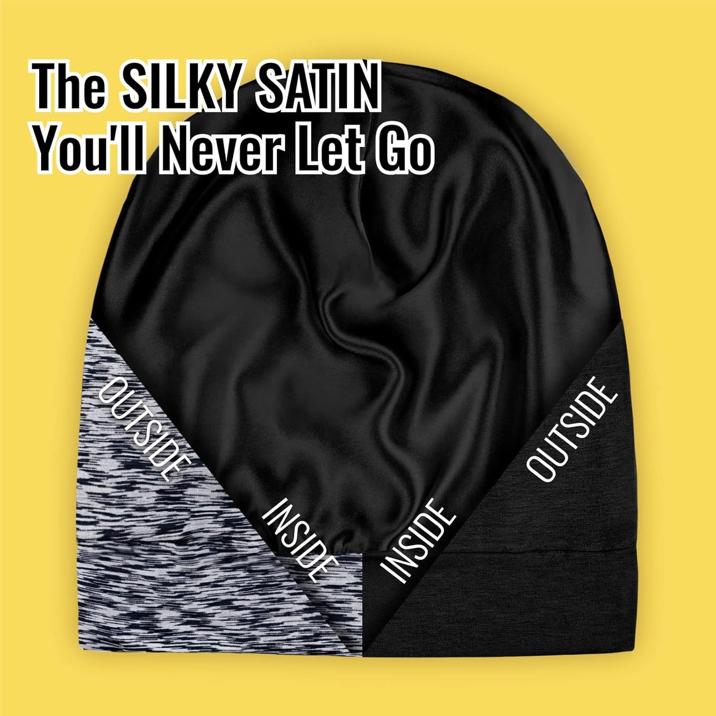 Satin Lined Sleep Cap Bonnet for Curly Hair and Braids, Stay On All Night Hair Wrap with Adjustable Strap for Women and Men, Black and Grey, Pack of 2