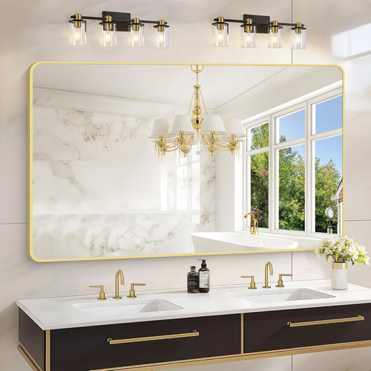 55"x36" Gold Bathroom Mirror, Large Rectangle Mirror, Rectangular Wall Mirror, Rounded Corner Vanity Mirror with Aluminum Metal Frame for Bathroom Bedroom Living Room Horizontal/Vertical