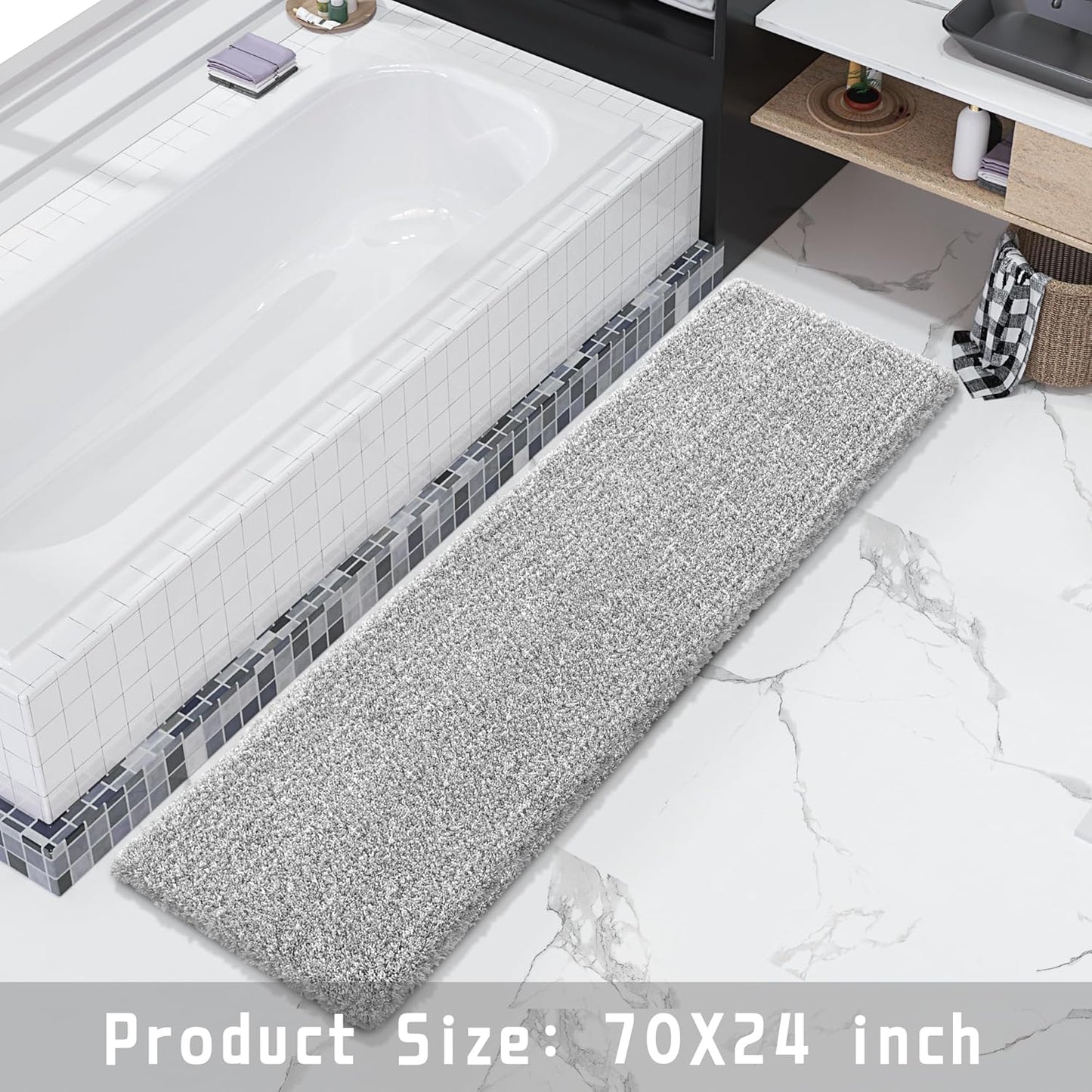 Yimobra Bathroom Runner Rug Non Slip 70"x 24", Super Absorbent Bath Rugs, Quick Dry, Luxury Extra Long Shaggy Fluffy Bath Mat for Double Vanity & Tub Side, Machine Washable, Light Gray and White