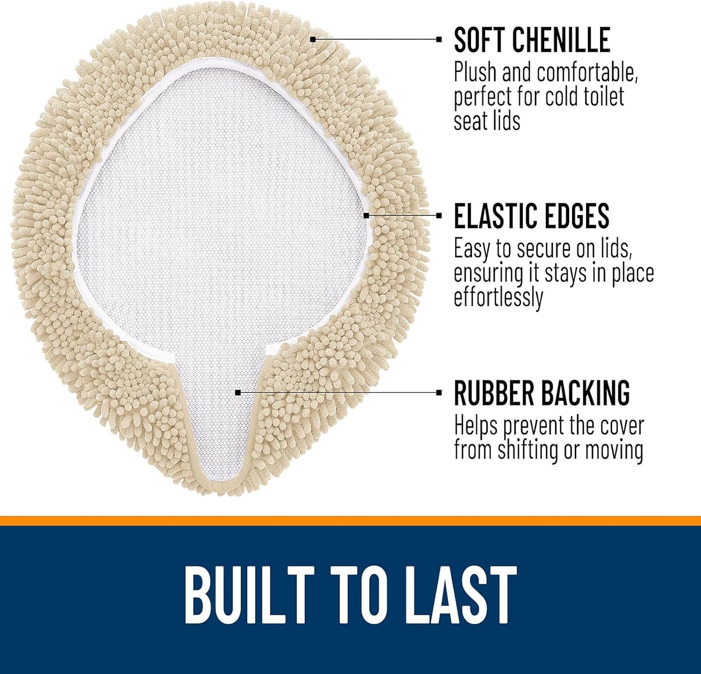 OLANLY Soft Chenille Bathroom Toilet Lid Cover, Machine Washable Seat Covers, 17.5x15, Stays in Place Rubber Backing, Fits Most Round, Elongated and Oblong Lids, Accessories Decor, Beige
