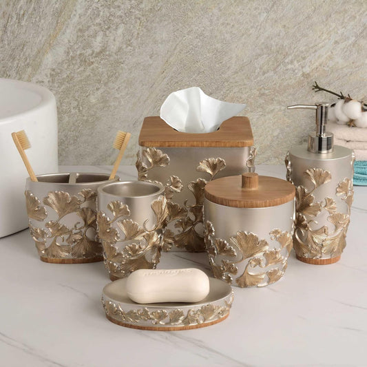 Decozen Bathroom Accessories Set 6Pcs – Soap Dispenser, Toothbrush Holder, Tumbler, Soap Dish & Cotton Swab Jar – Modern Bathroom Decor, Bath Set for Christmas Decor, Valencia