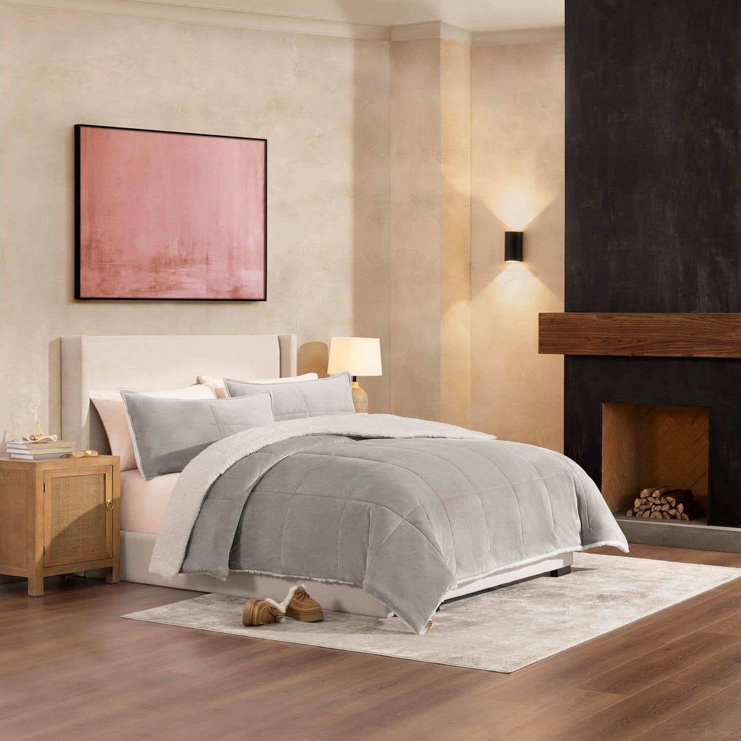 UGG Blissful Comforter Set with 2 Pillow Shams Reversible White Comforter Plush Fluffy Warm Bed Set Premium Hypoallergenic Down Alternative Bedding Breathable, King/California King, Seal Gray
