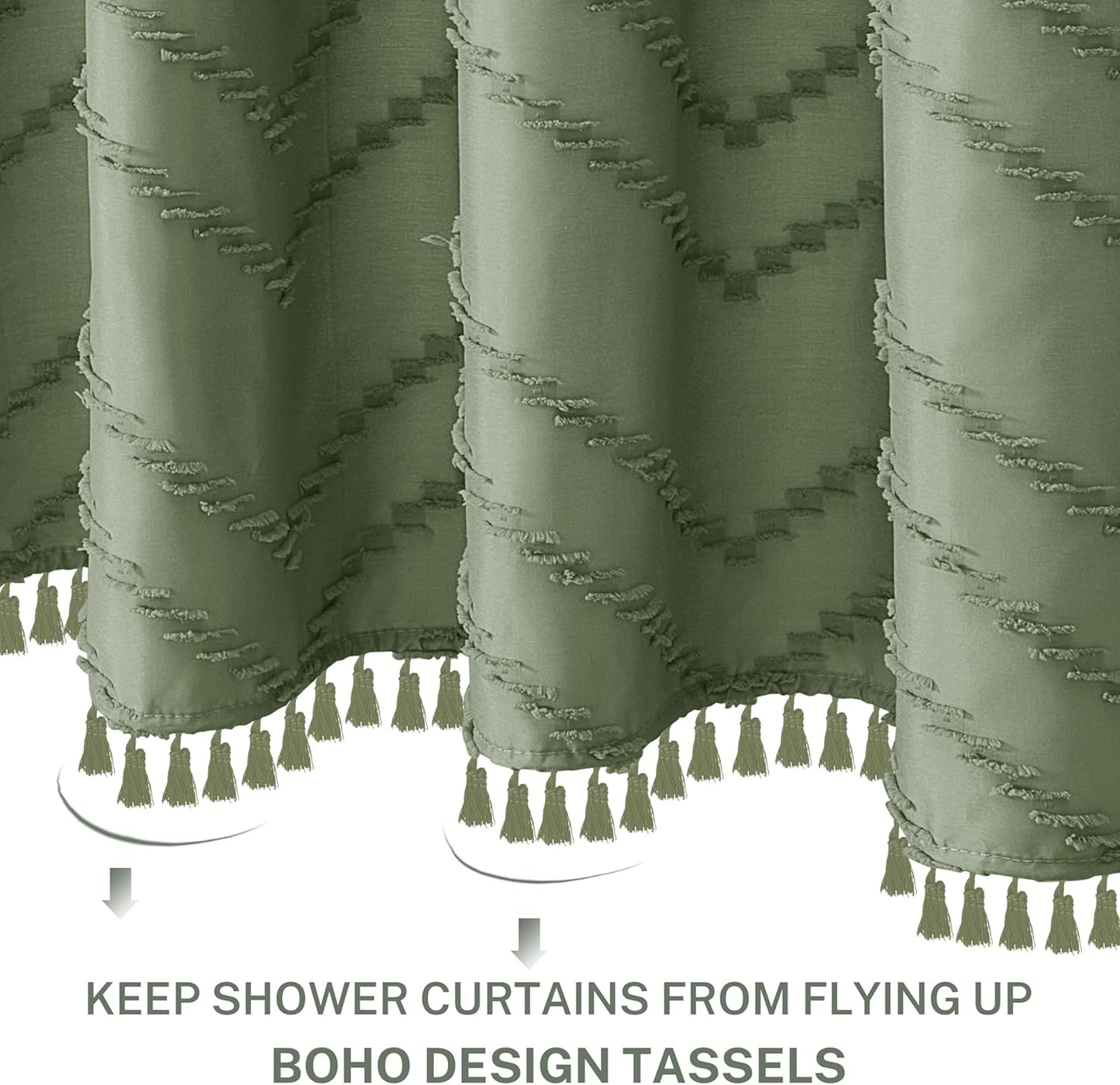 Extra Long Sage Green Boho Shower Curtain with Tassel, Woven Fabric 84 in Shower Curtain, Tufted Chevron Striped, 72 x 84, Modern Chic Textured Minimalist Bathroom Shower