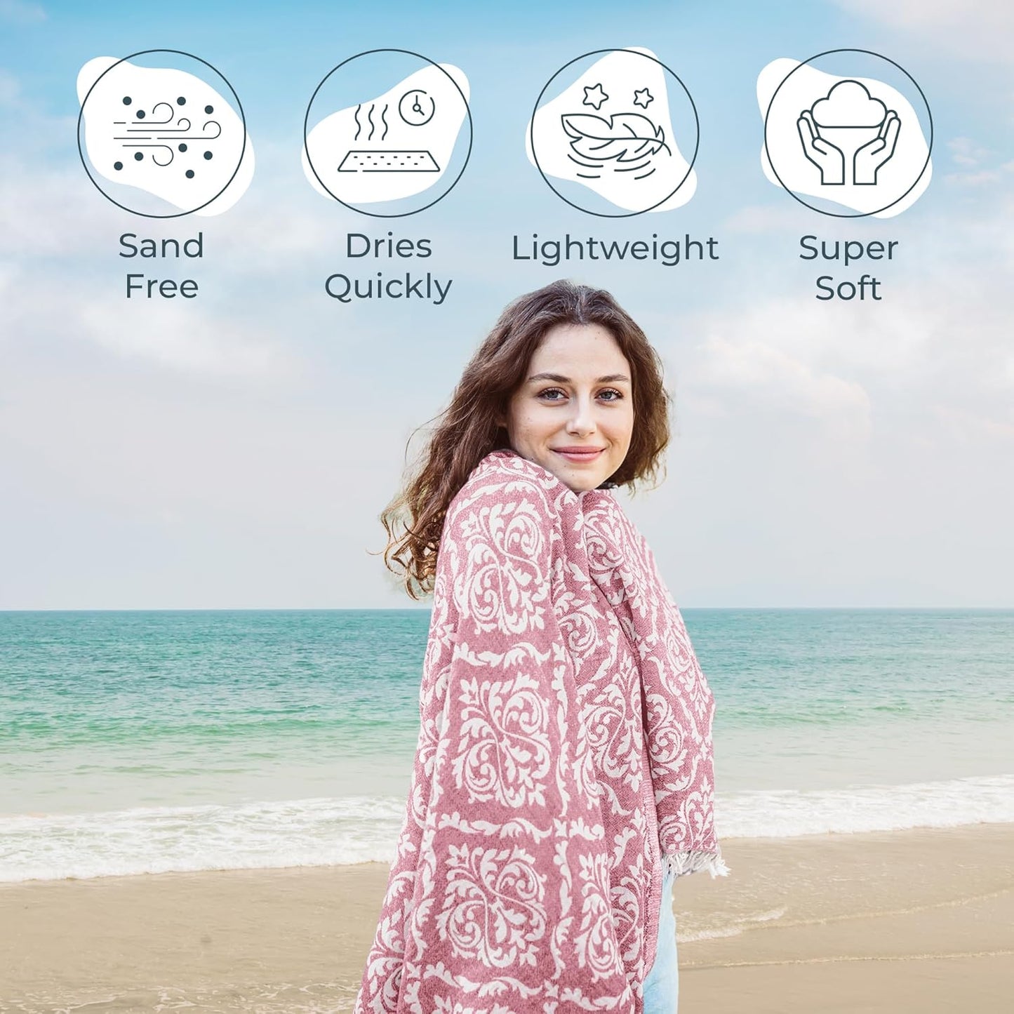 Turkish Beach Towel (35”x67”) – 100% Cotton, Quick Dry, Lightweight, Soft Oversized Beach Towel for Travel & Pool – Renaissance Fuchsia Color