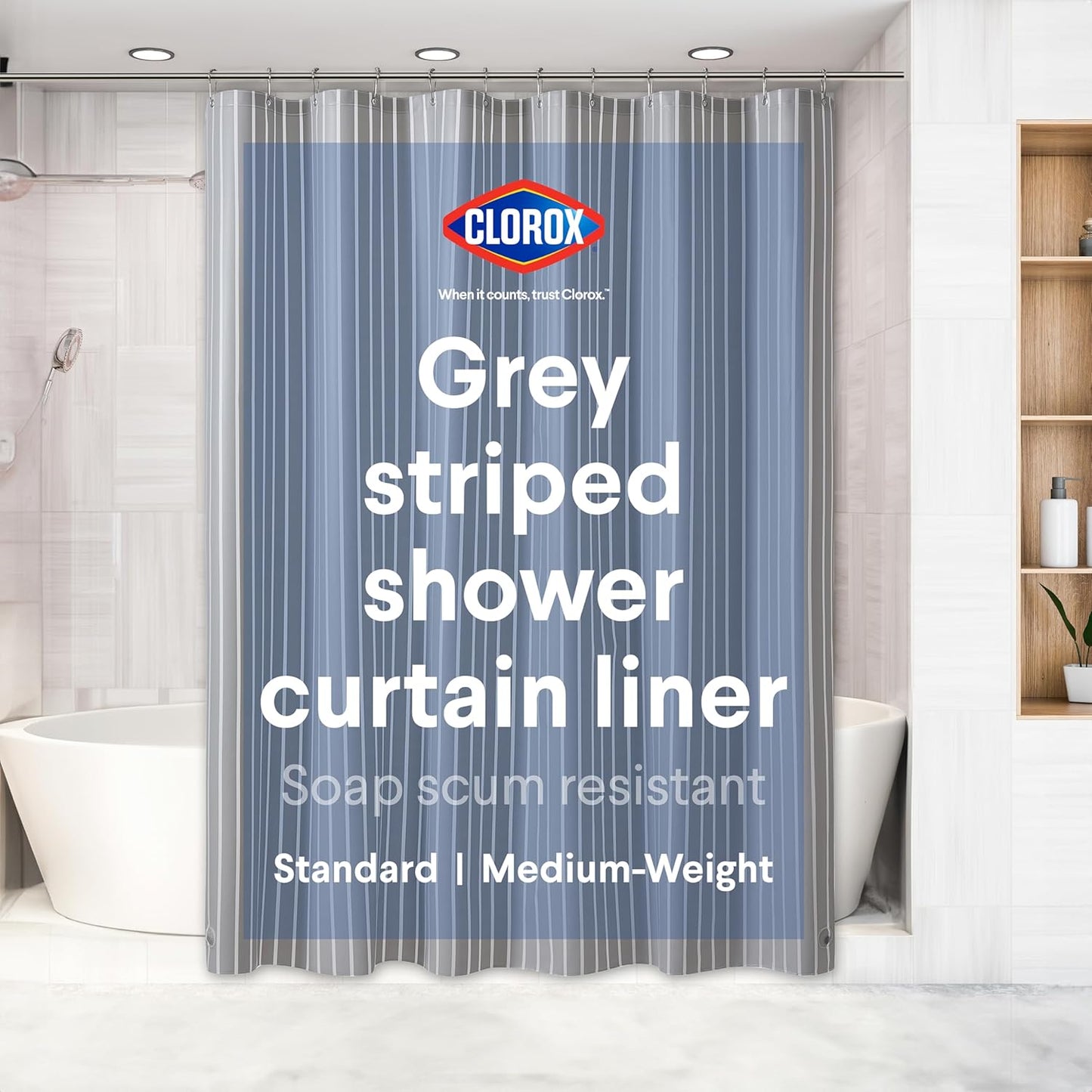CLOROX Shower Curtain Liner, Premium Striped Medium-Weight Durable Waterproof 6g PEVA for Bathroom with Weighted Magnets, Printed Standard Size 72" x 72", Grey