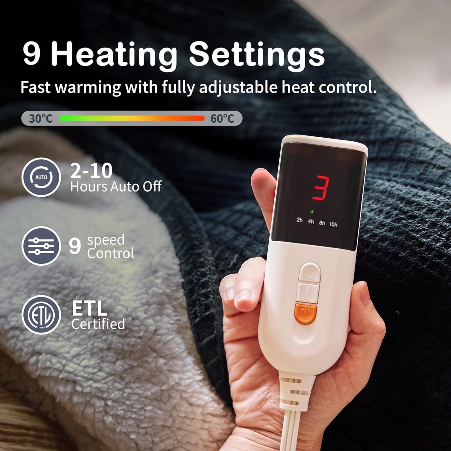 Heated Blanket Electric Blanket Throw 50''X60''-Heating Blanket with 9 Heat Settings-2-10 Hours Auto Off,ETL Certified,Machine Washable (Black)