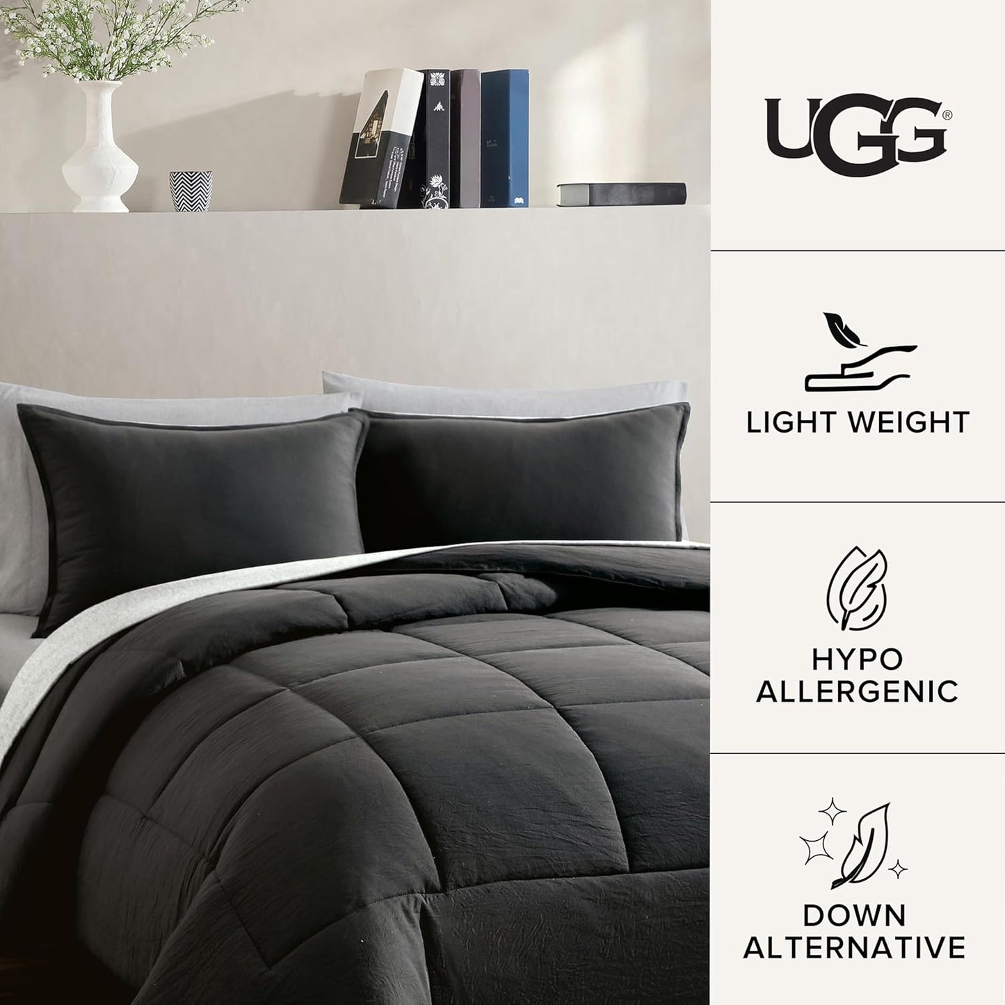 UGG King Size Comforter Set with 2 Pillow Shams Lightweight Down Alternative Comforter King Size Blanket Reversible Cozy Warm All Season Washable Hypoallergenic Bedding Set, Charcoal Grey (Leonora)