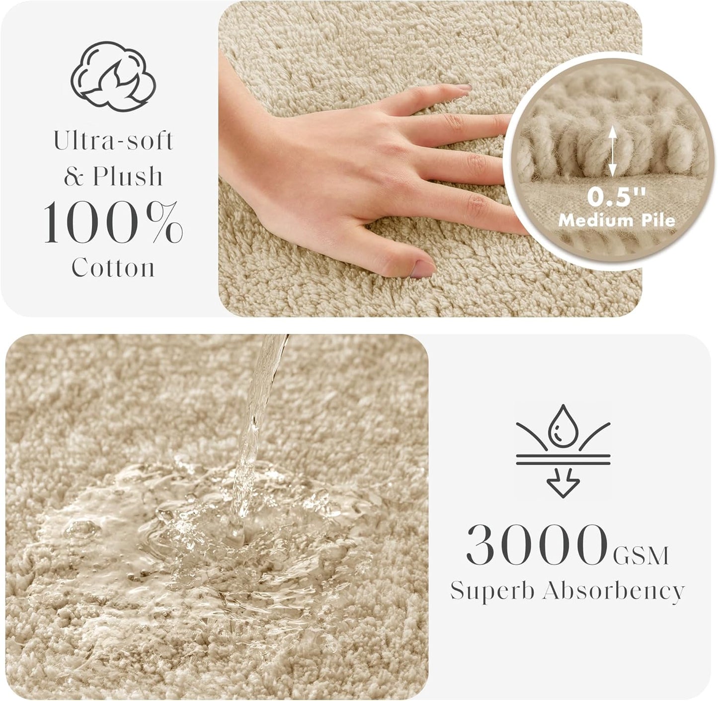 Madison Park Splendor Reversible 100% Cotton Tufted Bathroom Rug-3000 GSM Hotel Quality Luxurious Plush Medium Pile Bath Mat Absorbent, Quick Dry, Shower Room Décor, 24x44 Natural