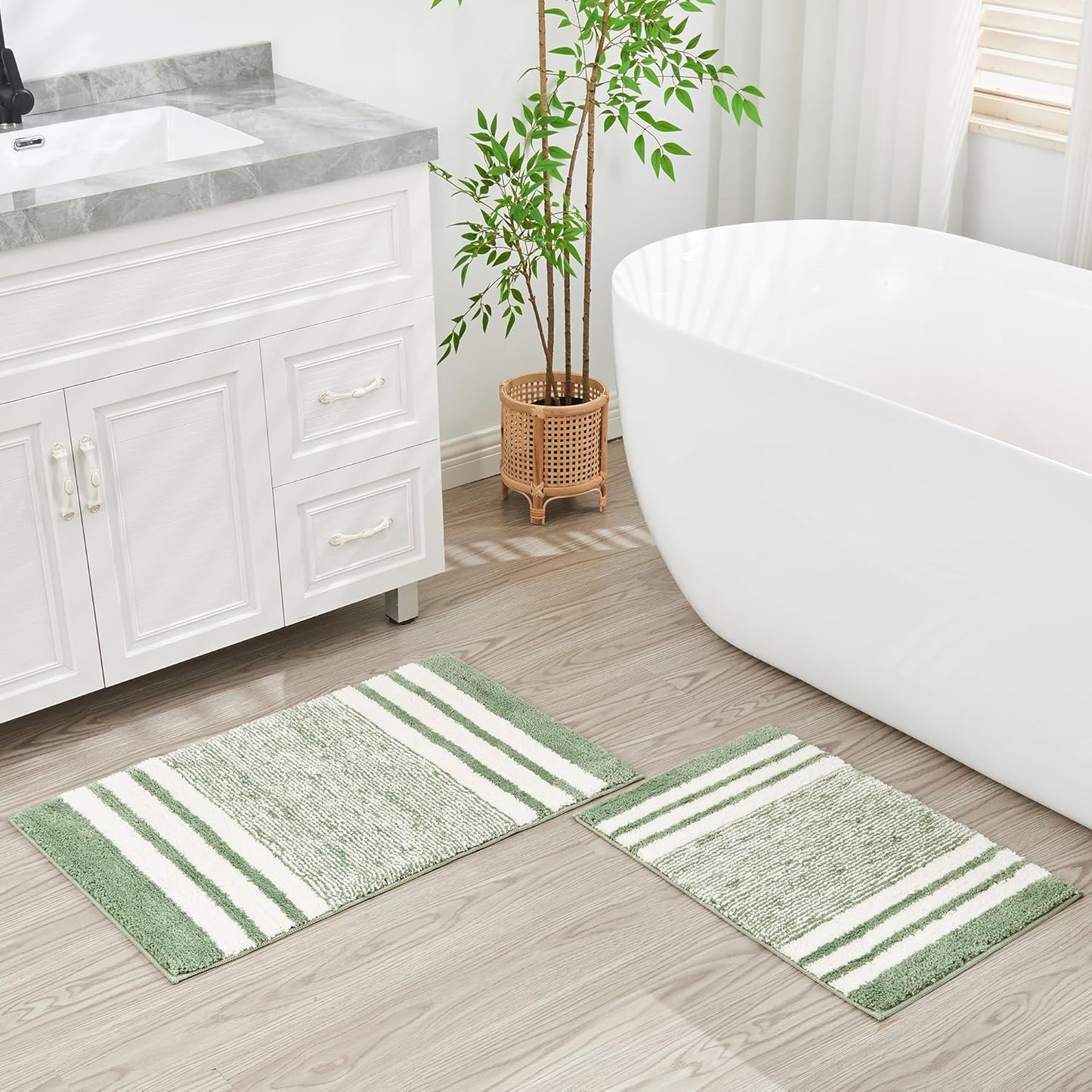 CozeCube Bath mats for Bathroom Non Slip, Fluffy Absorbent Microfiber Bath mat Washable, Aesthetic Bathroom Rugs, Large Sage Green Striped Bath mat, Sage Green, 36" x 24"