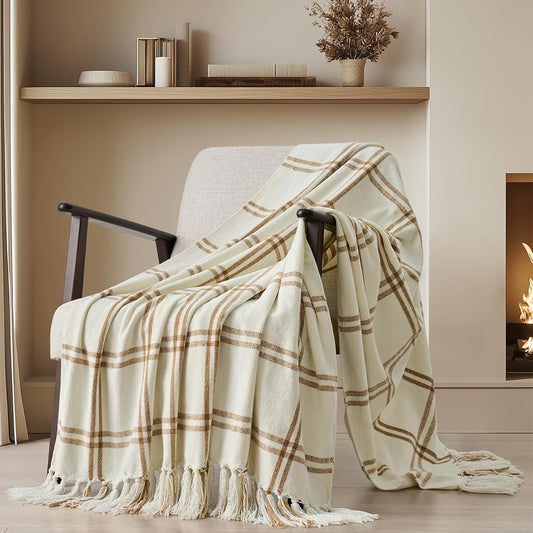EVERGRACE Plaid Chenille Throw Blanket for Couch, Super Soft Cozy Decorative Windowpane Grid Plaid Throw with Tassels, Lightweight Chenille Knit Throw for Bed Sofa Gift, Cream & Beige 50"x60"