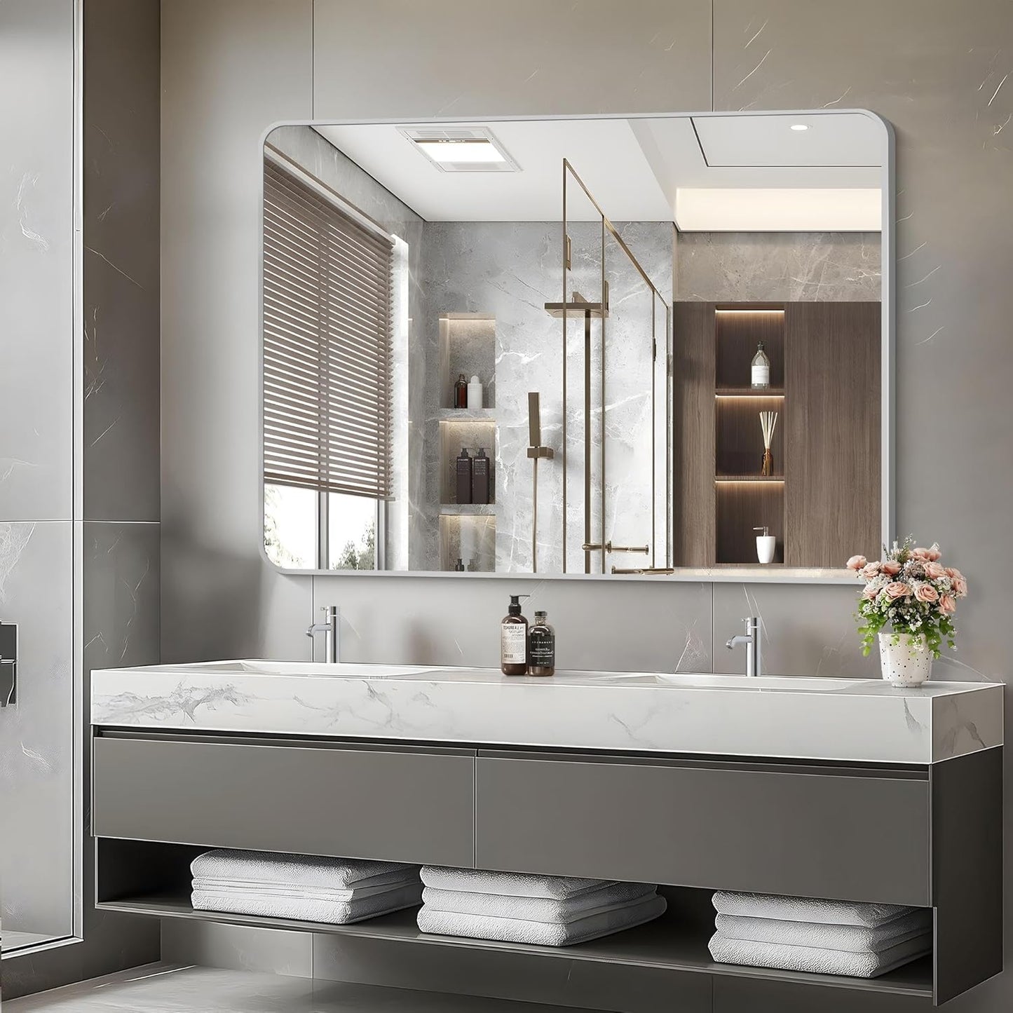 48x36 Inch Silver Bathroom Mirror, Large Rectangular Vanity Mirror, Metal Framed Rectangle Mirrors, Rounded Corner Wall Mounted Mirrors for Living Room Bedroom Entryway Horizontal or Vertical