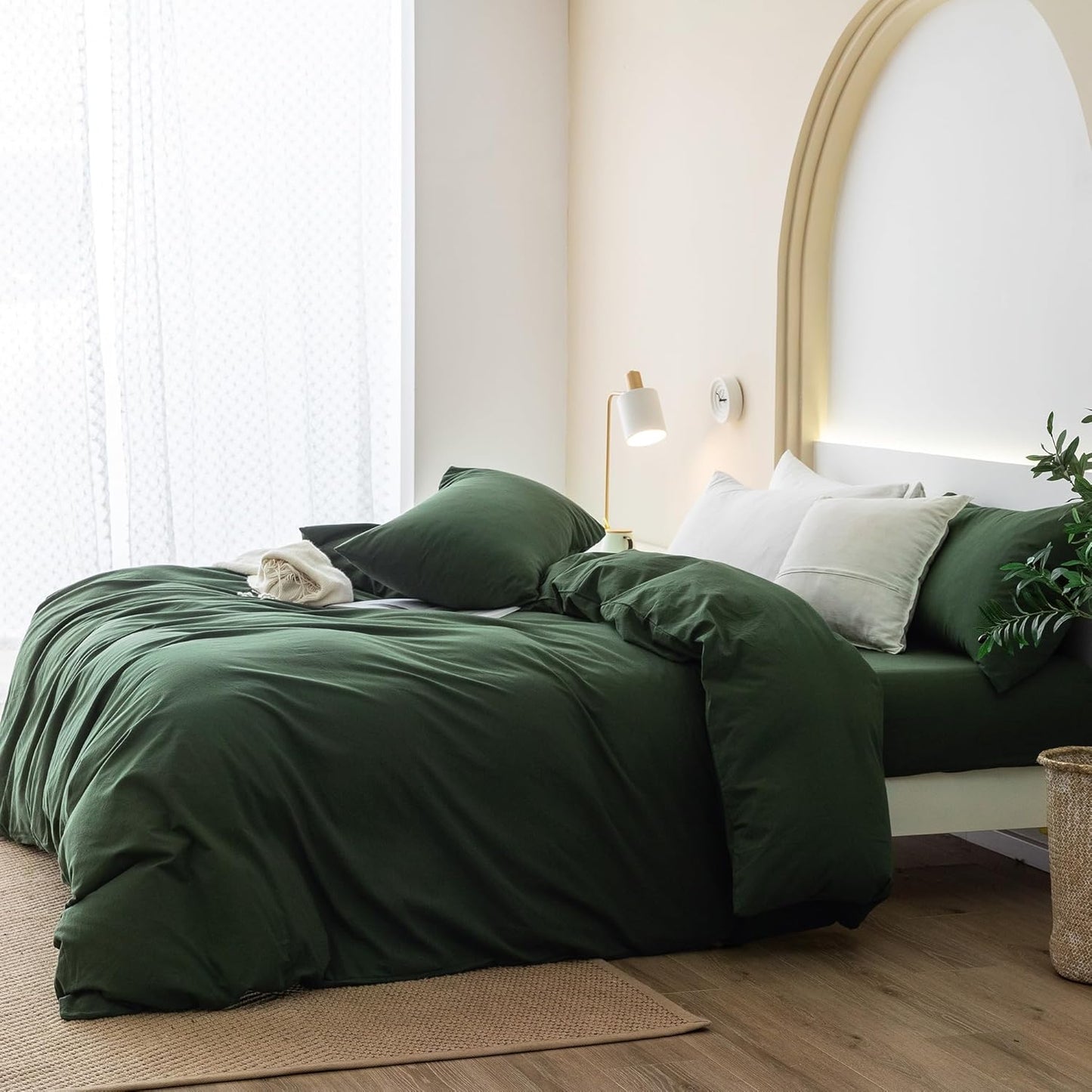 JIYUAN 100% Washed Cotton Duvet Cover Set 3 Pieces Queen, 1 Duvet Cover 90x90 Inches(Comforter Not Included) and 2 Pillowcases,Linen Feel Bedding Set Comfy and Breathable,Forest Green