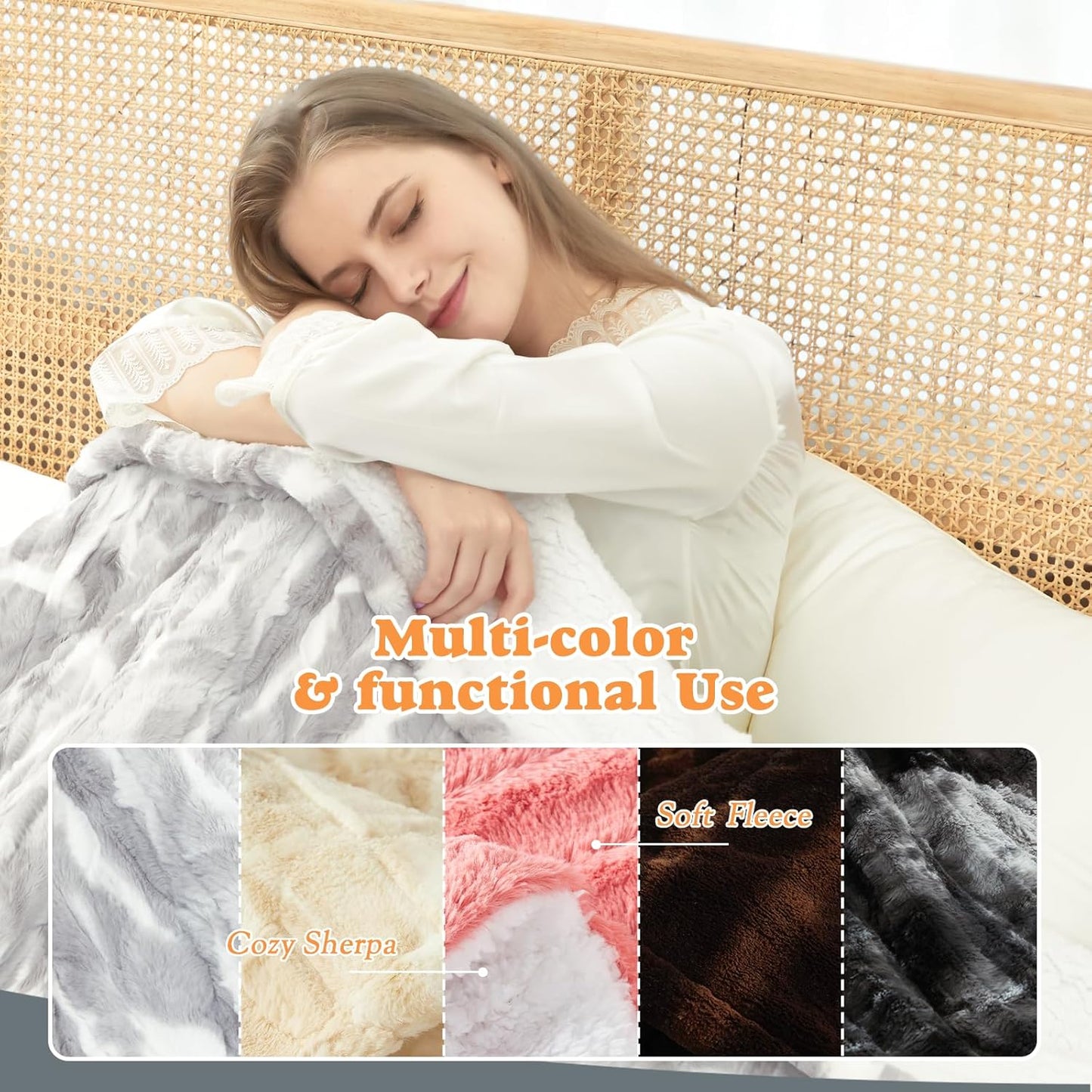 Heated Blanket Faux Fur & Sherpa Twin Size, Safe Electric Blanket ETL & FCC Certified, Soft Warm 6 Heating Levels & 10 Hours Auto-Off, Machine Washable, 62"x84" Light Grey & White Pattern
