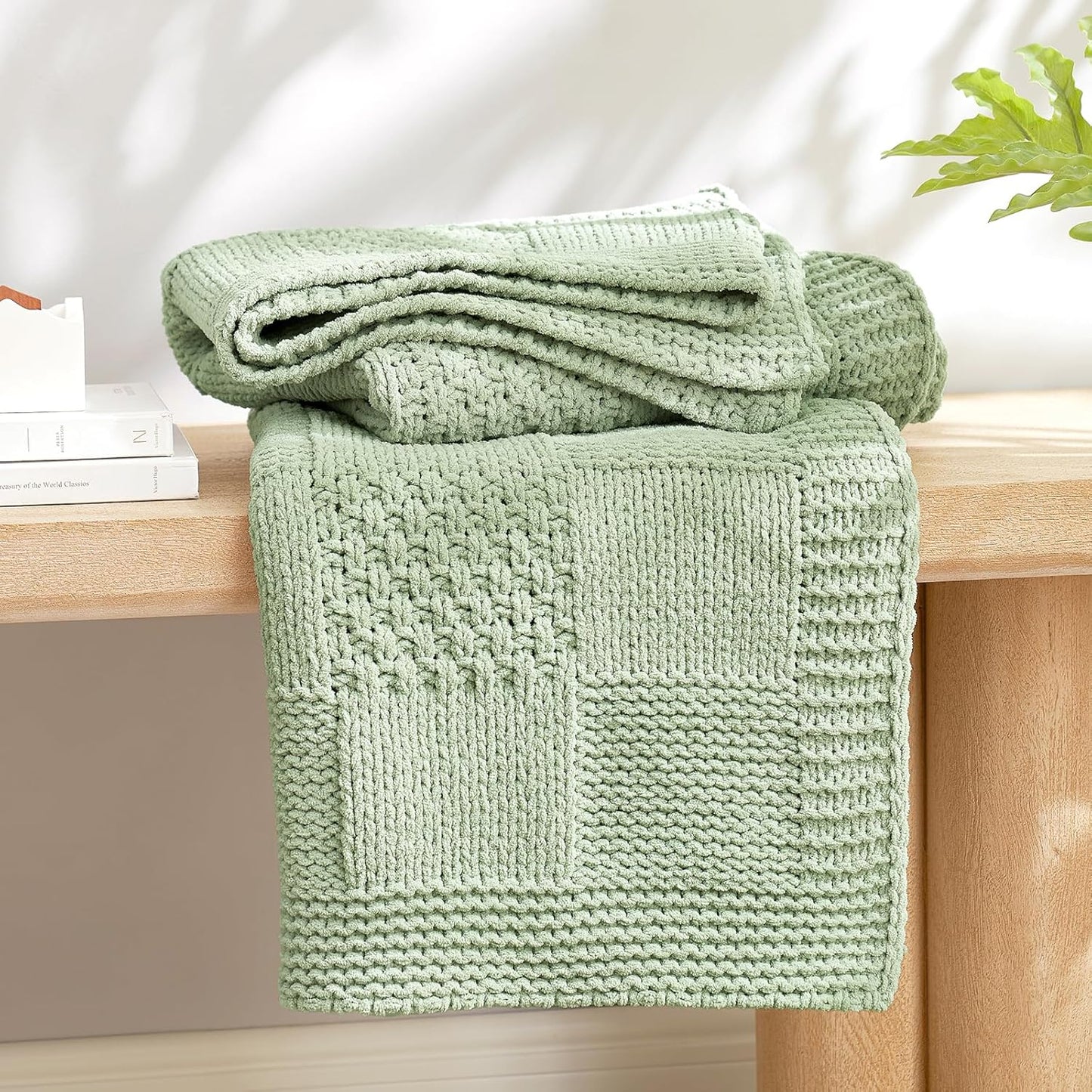 Amélie Home Checkered Chenille Knit Throw Blanket for Couch, Classic Texture Decorative Soft Blanket for Sofa, Chair & Bedroom, 50"x60", Sage Green