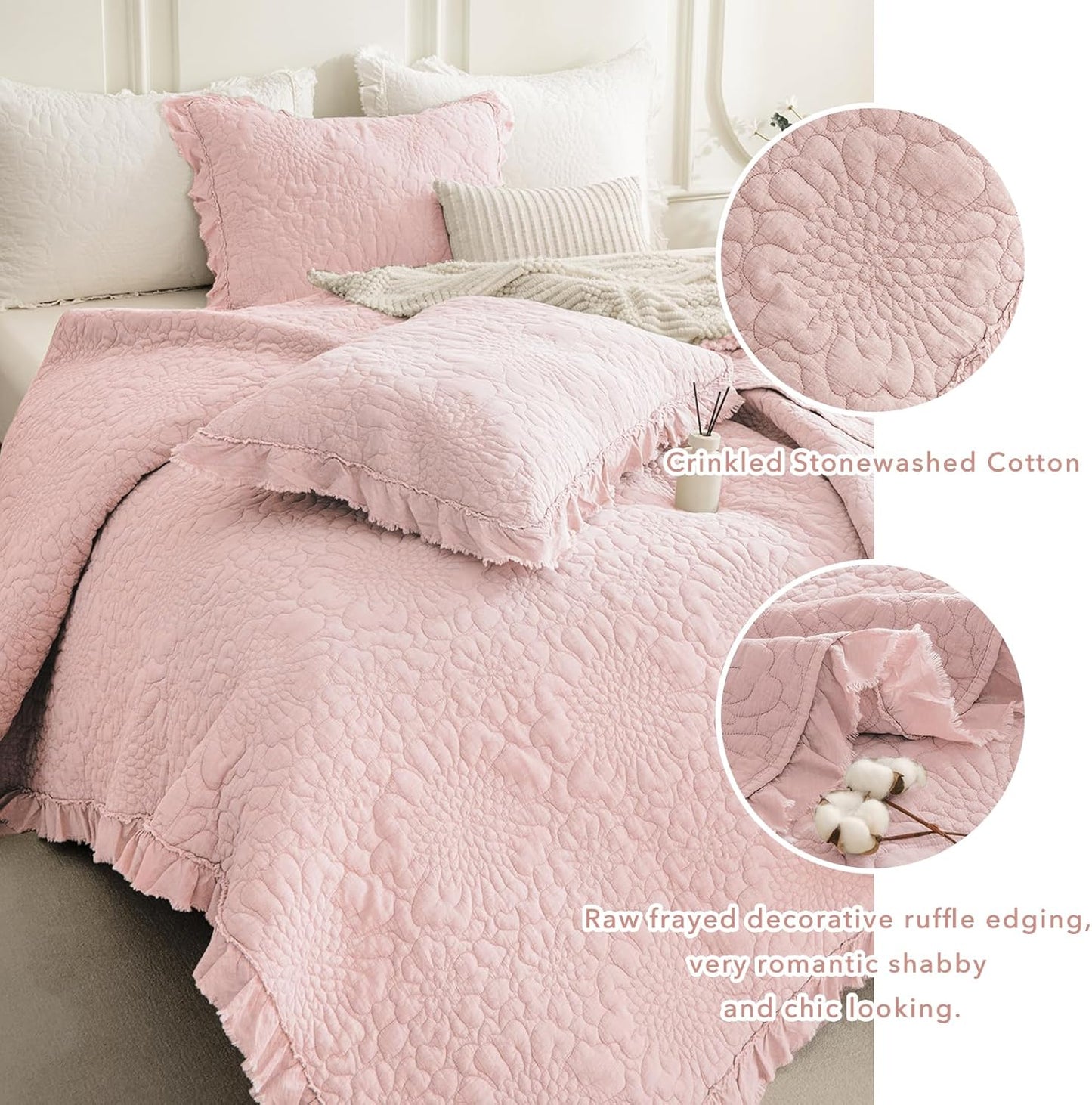 QSH 3PCs Stonewashed Cotton Quilt King (110"x98"), Blush Ruffled Quilt King Size Bedding Set,Ultra Lightweight Soft Crinkled Bedspread Coverlet King Shabby Farmhouse Chic Bedding for All Seasons
