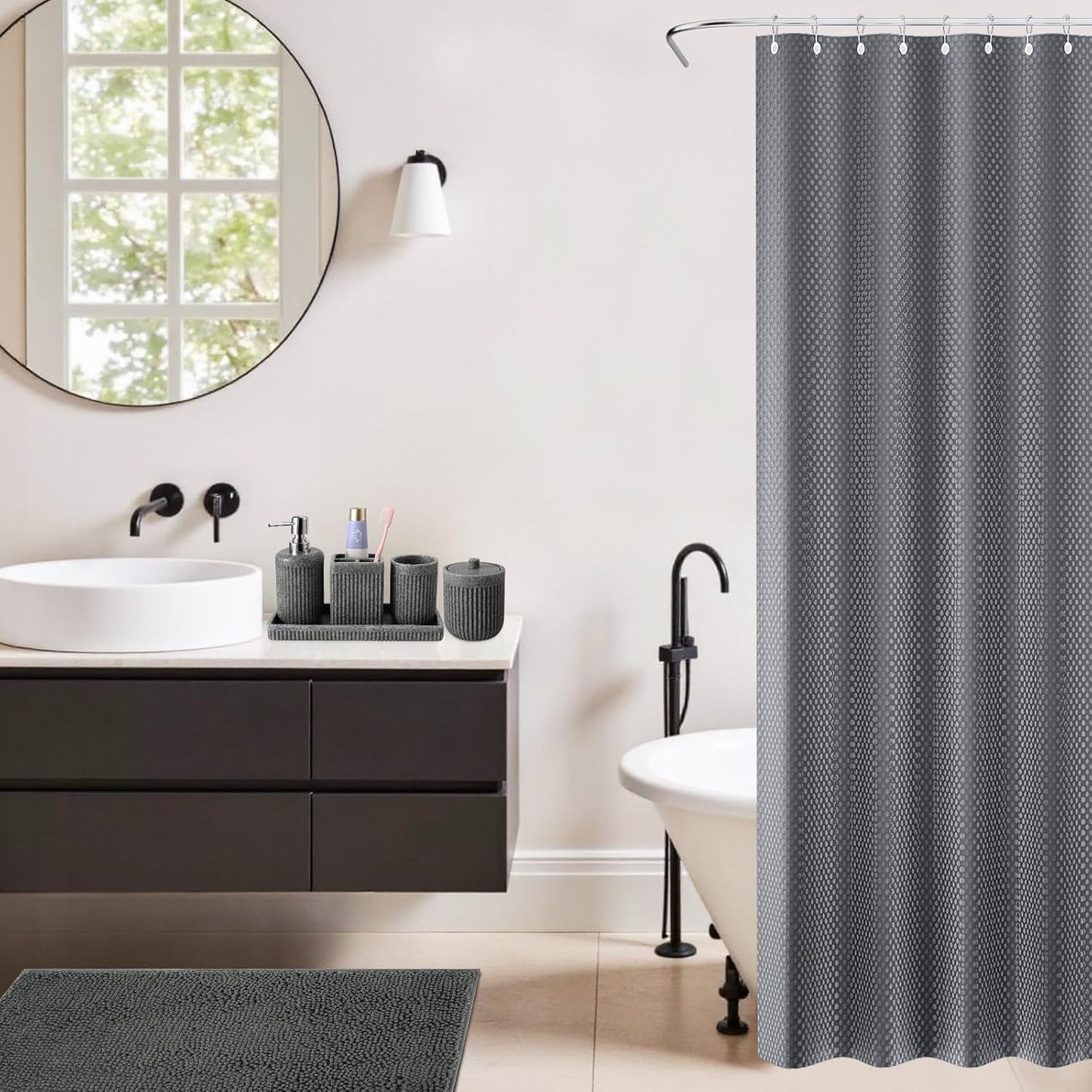 8-Piece Grey Bathroom Set - Resin Bathroom Accessories Sets Complete with Shower Curtain and Rugs, Soap Dispenser, Toothbrush Holder, Tumbler & Apothecary Jars