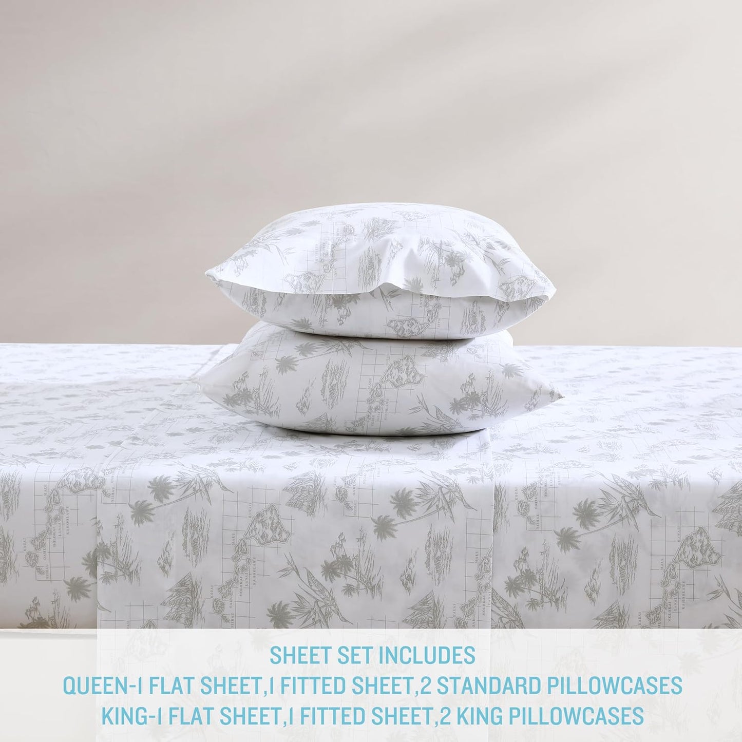 Tommy Bahama - King Size Sheets Set, Crisp & Tailored Cooling Sheets with a Smooth Cotton Percale Lightweight Feel - Bed Sheets with Matching Pillowcases & Fitted Sheet (Vintage Map Grey)
