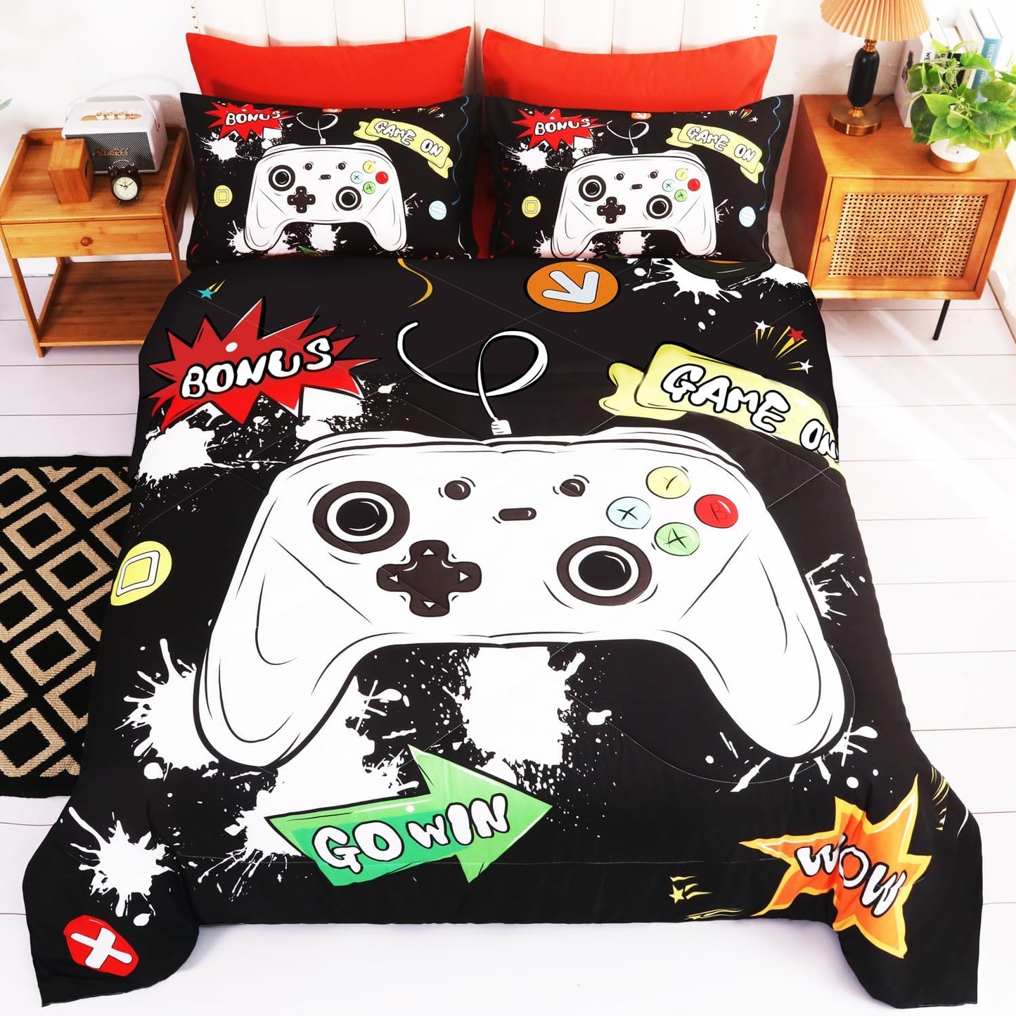 Wajade Kids Game Comforter Set Bed in A Bag Full Size 7 Piece 3D Colorful Video Game Controller Bedding Set for Boys Girls (1 Comforter, 1 Flat Sheet, 1 Fitted Sheet, 2 Pillowcase and 2 Pillow Sham)
