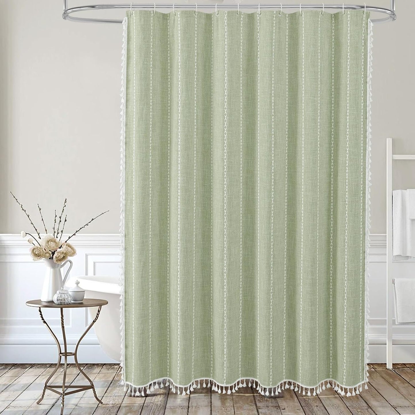 MitoVilla Sage Green Shower Curtain 72 x 78, Boho Farmhouse 78 inch Long Polyester Linen Tassel Ultra Thick Heavy Duty Fabric Shower Curtains for Chic Cottagecore French Rustic Bathroom Decor