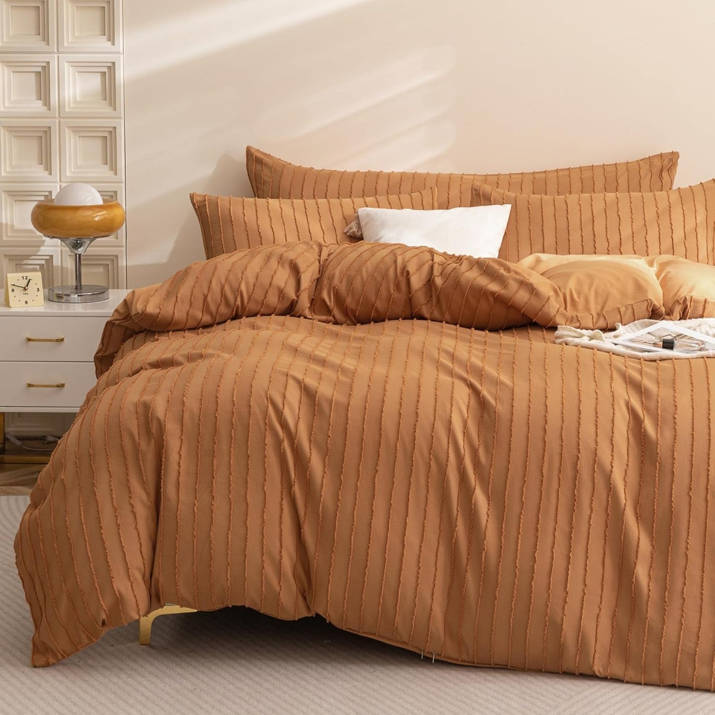 JELLYMONI Duvet Cover Full Size Rust - 3PCS Boho Striped Duvet Cover Set Polyester Tufted Bohemian Textured Comforter Cover 80×90in with Corner Ties & Zipper and 2 Pillowcases