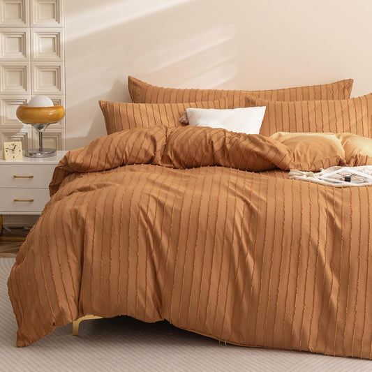 JELLYMONI Duvet Cover Queen Size Rust - 3PCS Boho Striped Duvet Cover Set Polyester Tufted Bohemian Textured Comforter Cover 90×90in with Corner Ties & Zipper and 2 Pillowcases