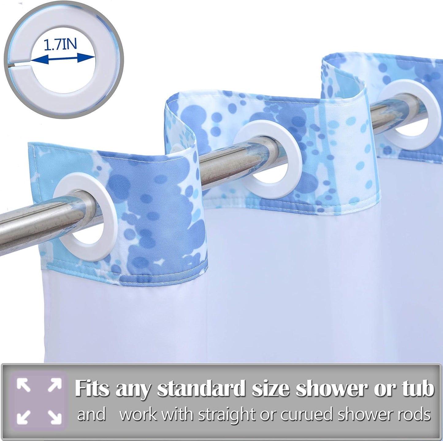 Conbo Mio No Hook Shower Curtain with Snap in Liner Set, Hotel Luxury Blue Shower Curtains for Bathroom with See Through Top Window, Waterproof, Washable 71W x 74H