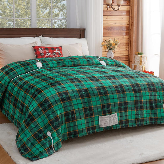 Electric Heated Blanket King Size, 90X100 Christmas Blanket with Dual Control&10 Heats Levels&Timer for Bed,Large Green Plaid Soft Sherpa Heating Blankets Warmer Gifts for Grandma Women Adults