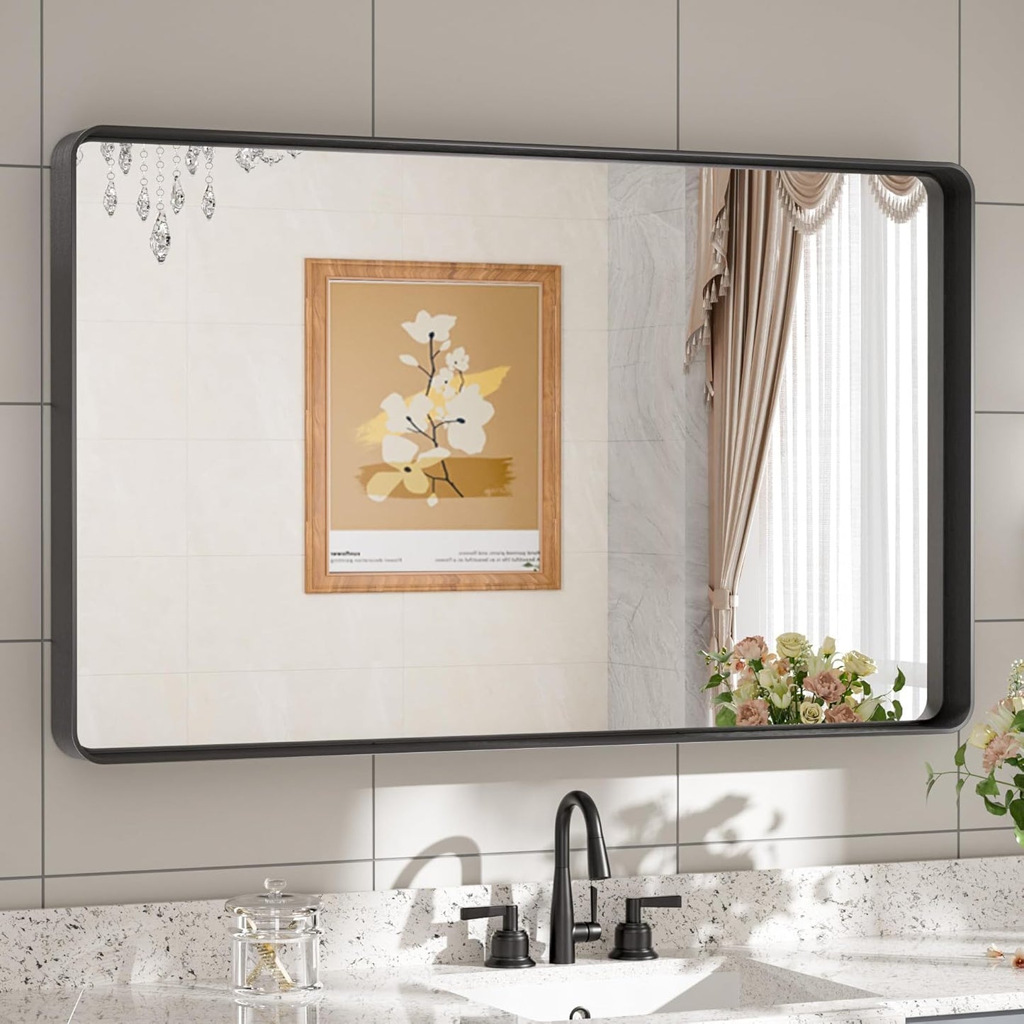 TETOTE Black Framed Bathroom Mirror, 40 x 24 Inch Matte Metal Frame Vanity Mirror, Modern Farmhouse Wall Mounted Rectangle Mirror (Horizontal/Vertical)