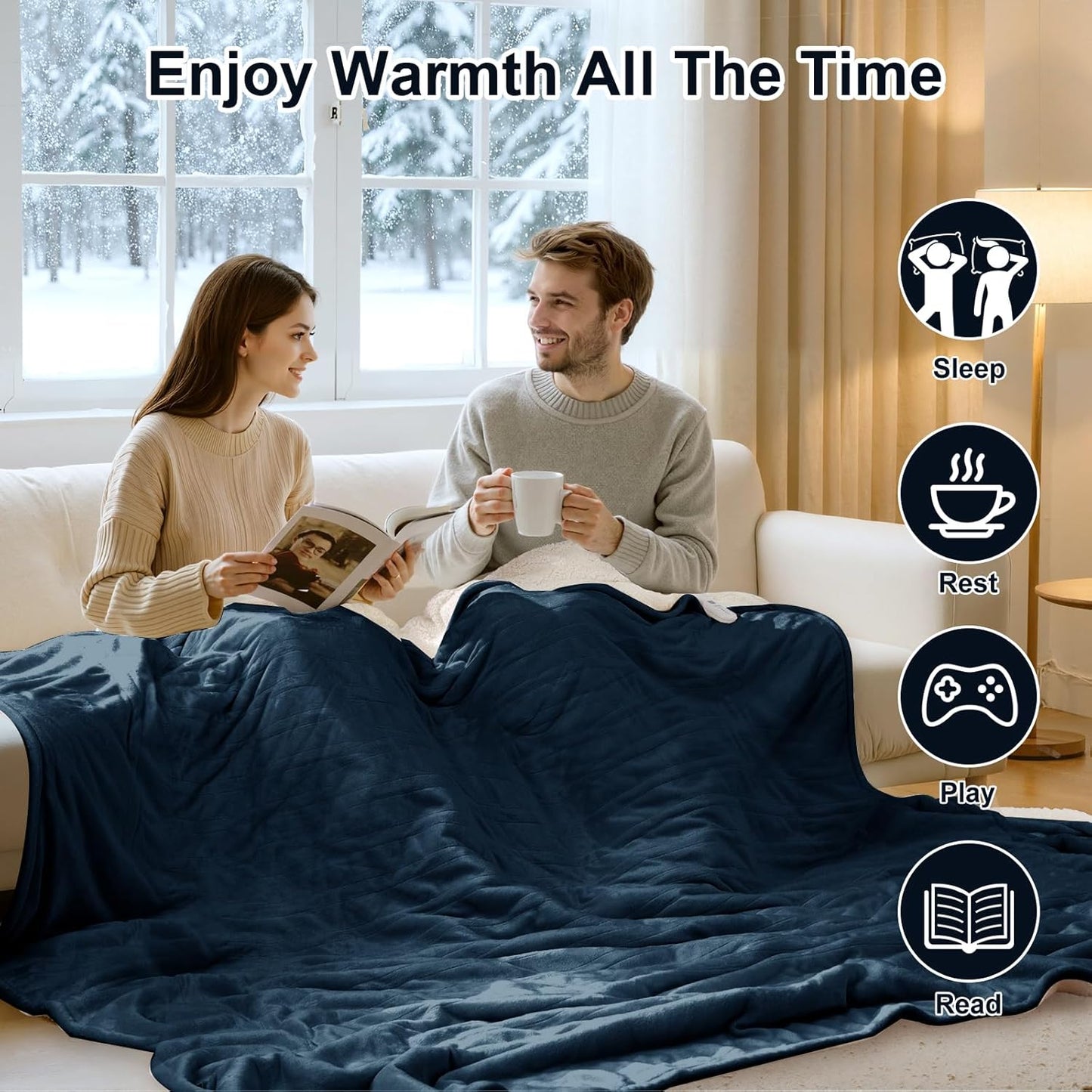 Heated Blanket King Size - Dual Control King Electric Blanket with 5 Heat Settings, 10 Hrs Auto Off for Bed, ETL Certified, Washable Flannel Sherpa Heating Blankets 100" x 90", Navy