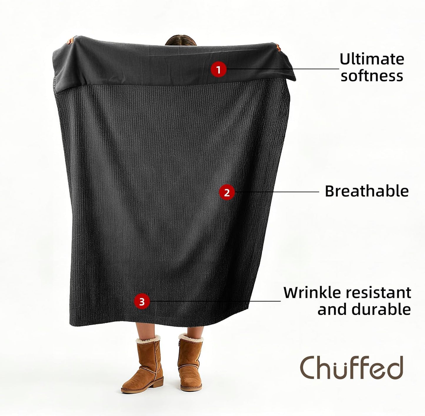 CHUFFED Cotton Waffle Blanket Queen Size - Plush Milk Velvet & Reversible Waffle Weave,Anti-Static 300Gsm Design，Thick Cozy Soft Winter Blanket for Bed, Couch, Sofa - Dark Grey, 90x90 Inches