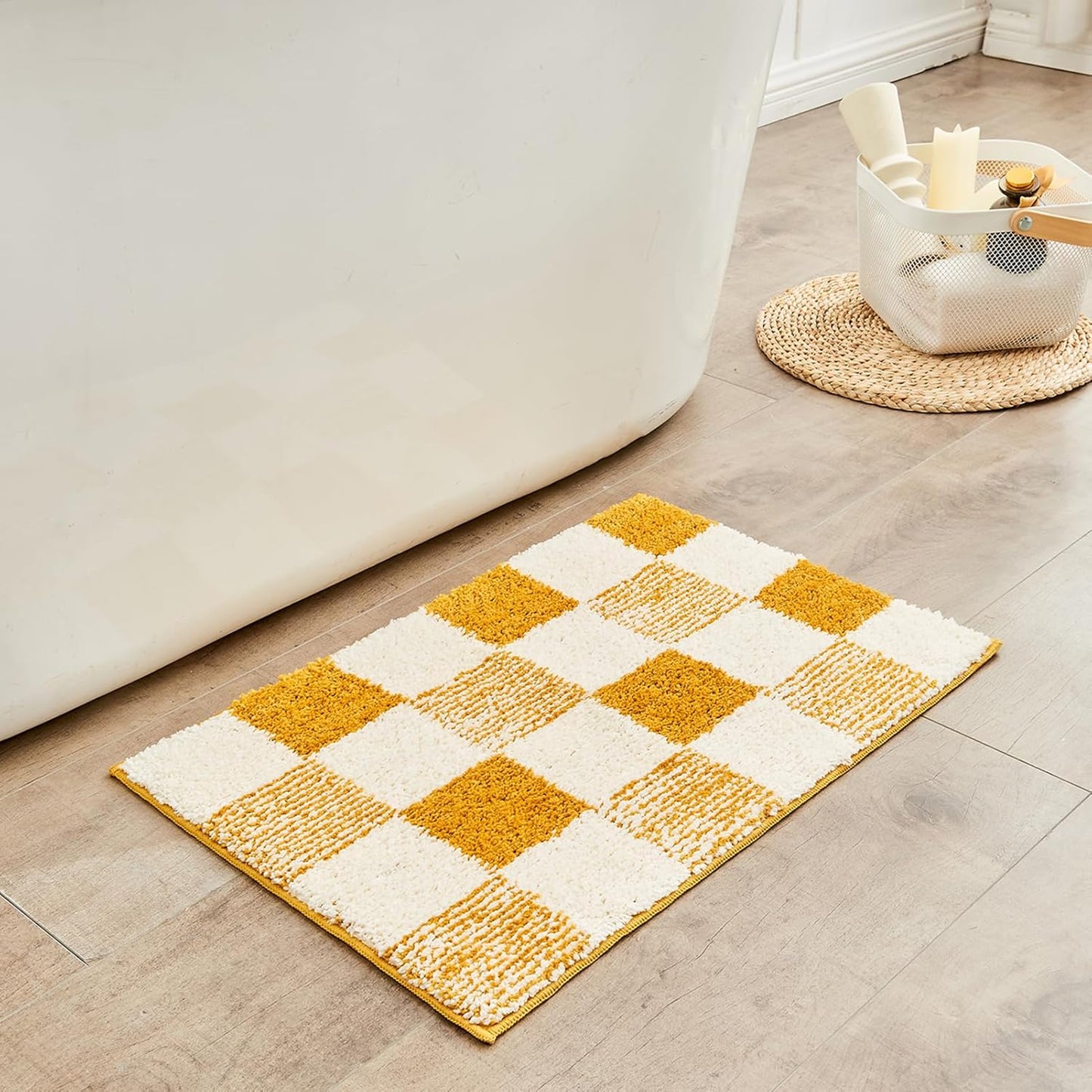 CozeCube Bath mats for Bathroom Non Slip, Fluffy Absorbent Microfiber Bath mat Washable, Aesthetic Bathroom Rugs, Cute Harvest Gold Checkered Bath mat, Harvest Gold, 32" x 20"