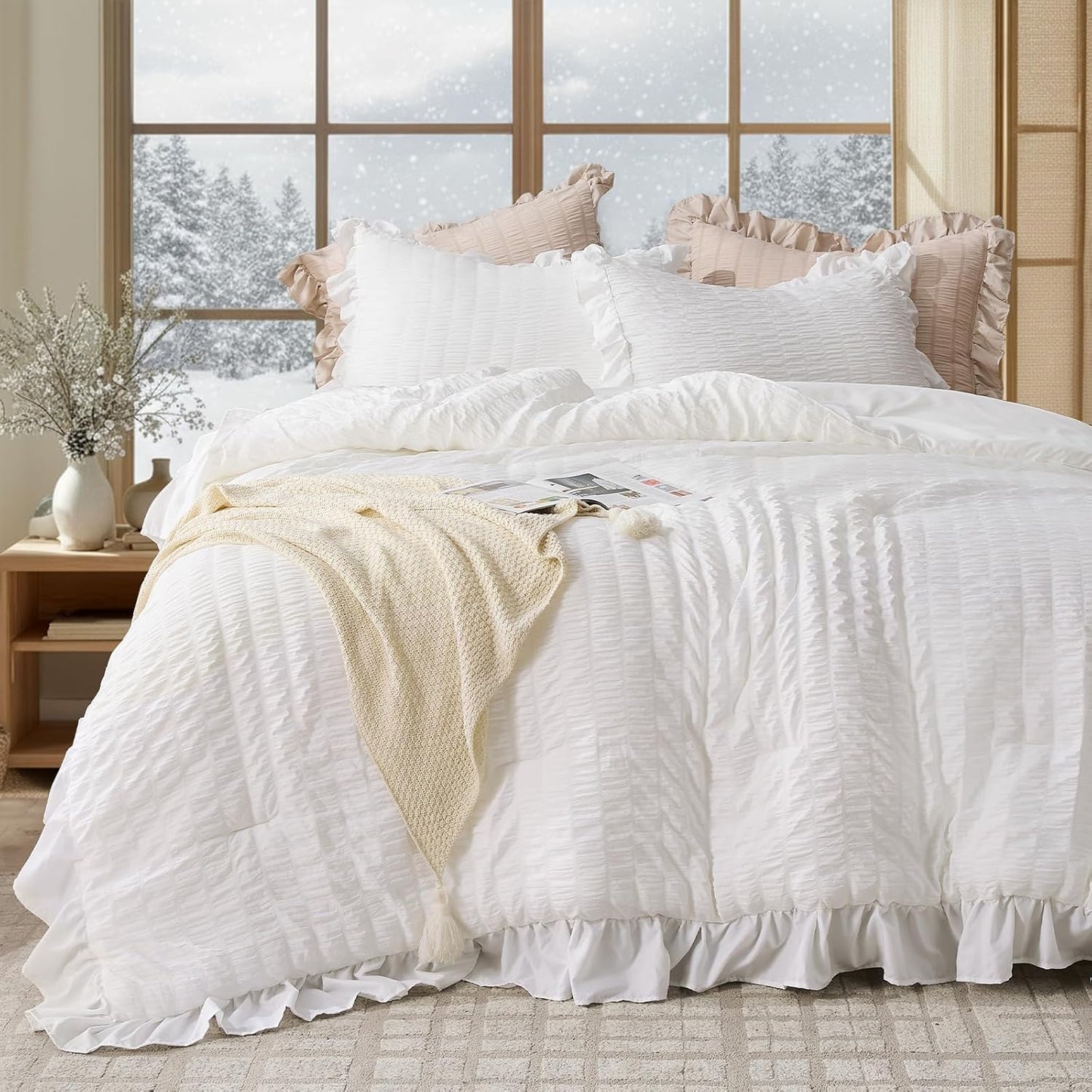 JOLLYVOGUE Queen Comforter Set, 3 Pieces White Seersucker Comforters Queen Size, Lightweight & Fluffy Bedding Sets Queen for All Season with 1 Ruffle Comforter and 2 Ruffle Pillowshams