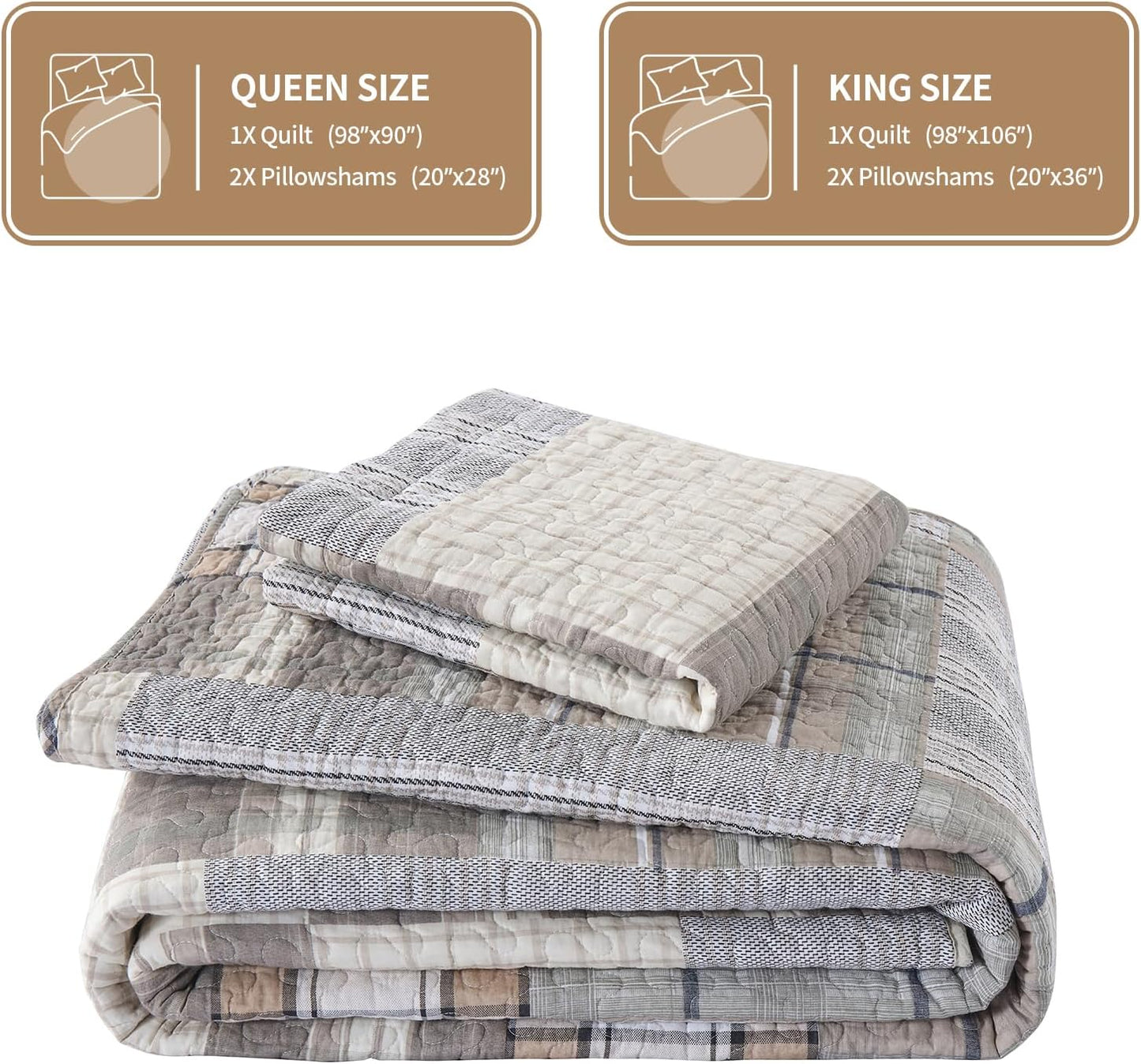 KALOOLA 100% Cotton Quilts King Size 3 Pieces, Farmhouse Plaid King Quilt Bedding Sets, Brown Rustic King Size Bedspreads, Reversible Lightweight King Coverlet for All Seasons