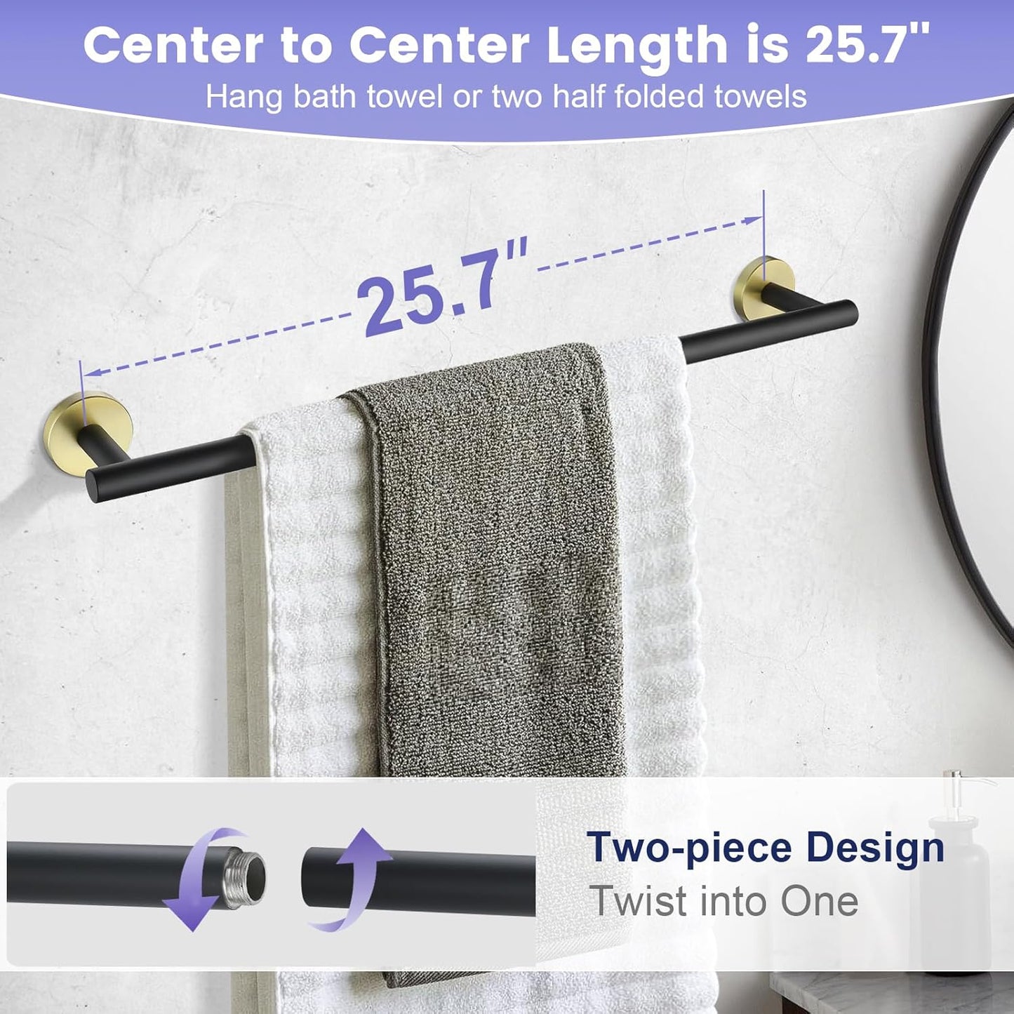 YACVCL 5 Pieces Bathroom Towel Holder, 27.5 Inch Black and Gold Bathroom Set SUS304 Stainless Steel, Towel Bar for Bathroom Wall Mounted, Bathroom Hardware Set, Towel Rods for Bathroom