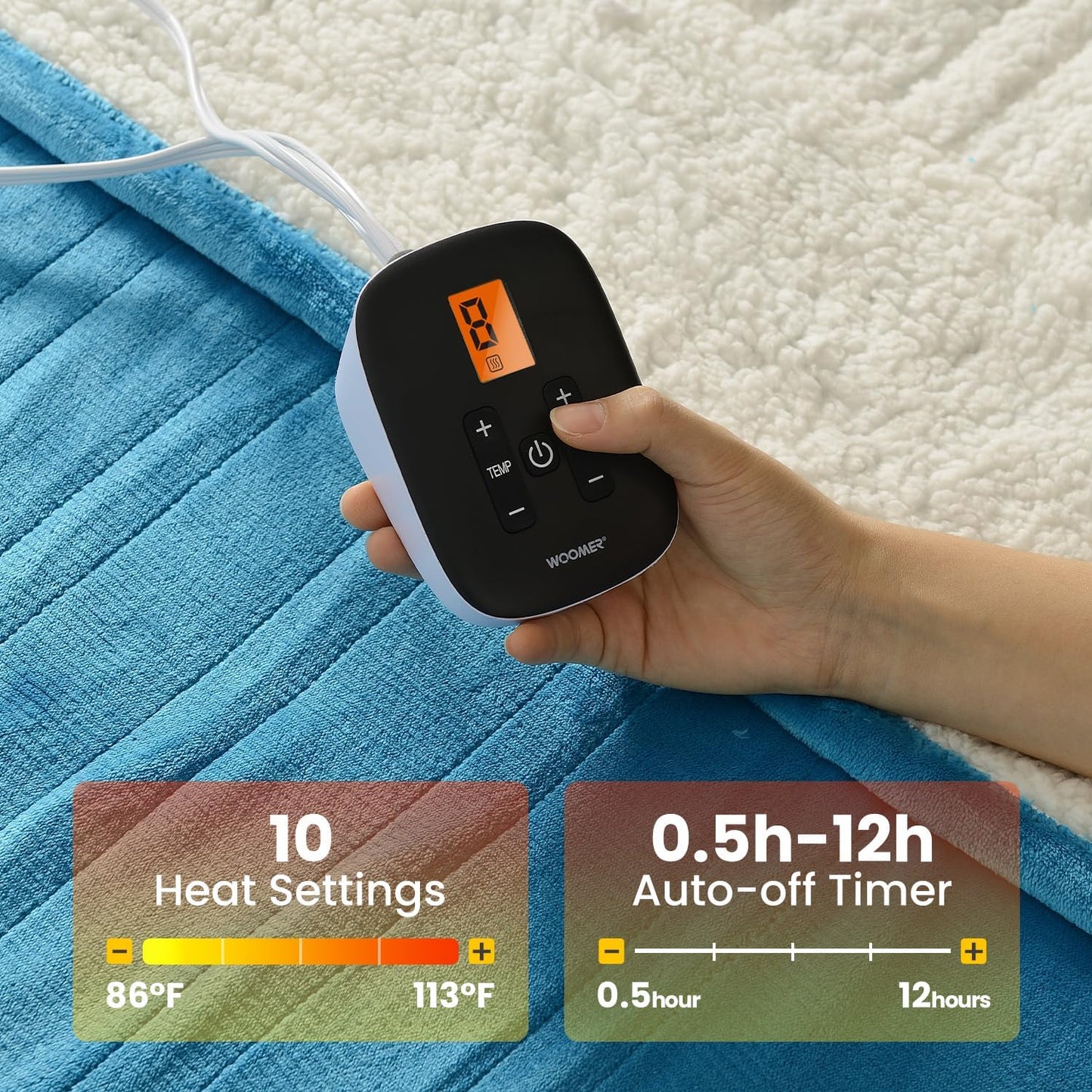 WOOMER Electric Blanket Full Size,Durable Flannel and Soft Sherpa,Dual Control,77”×84” Heated Throw Blanket, 10 Heat Levels&0.5-12h auto-Off,Energy Efficient,ETL Certified