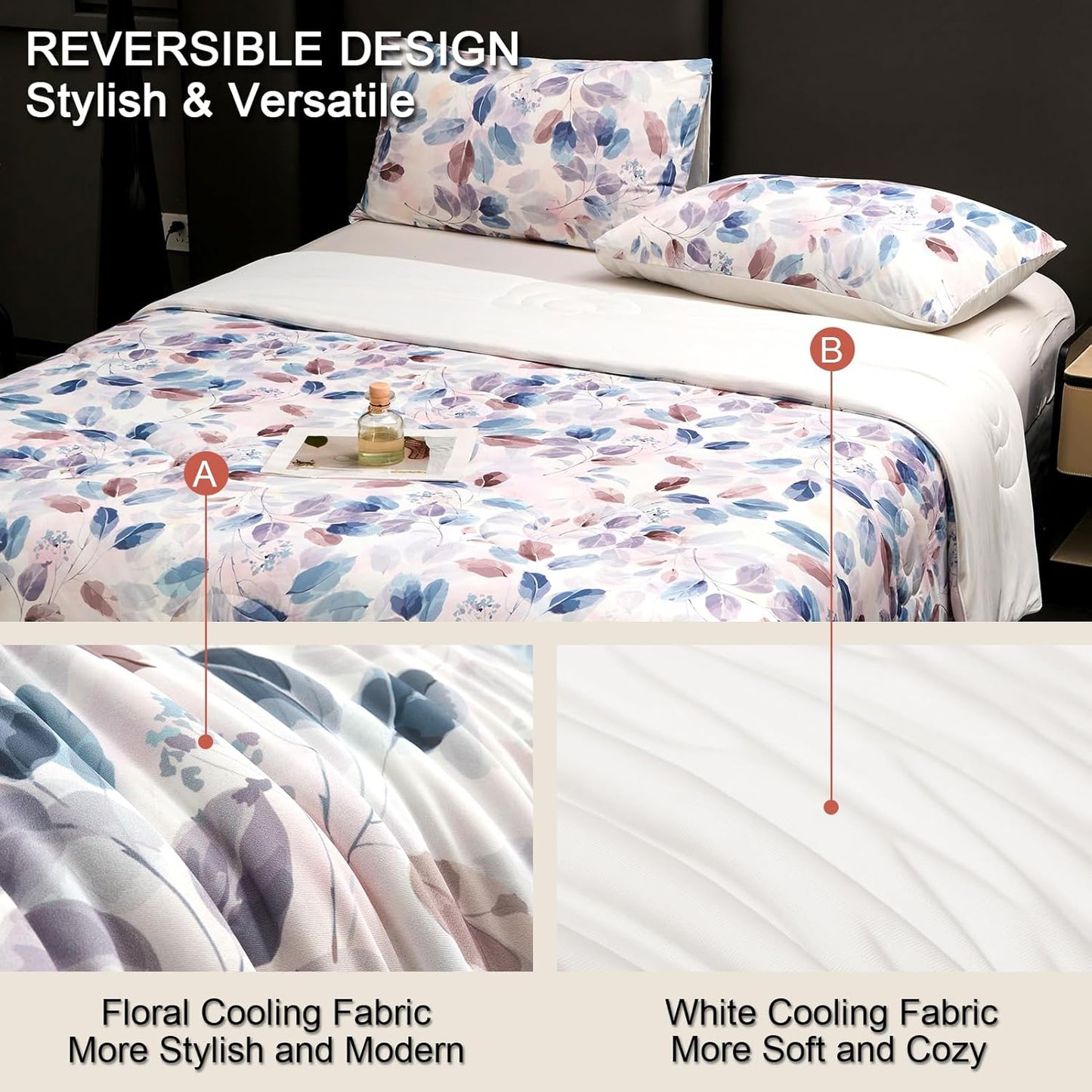Cyusri Print Cooling Comforter Set 2Pcs Breathable Cool Twin Size Bedding Set with 1 Pillowcase Leaf Pattern Silky Cold Quilt, Blue 68"x90"