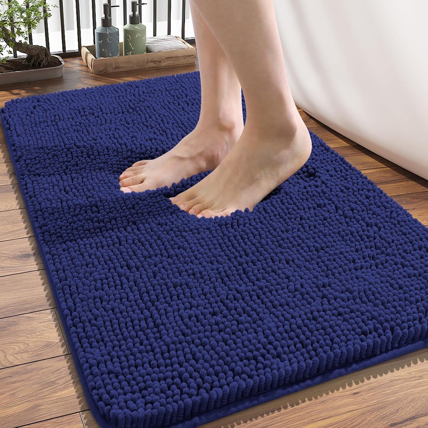 OLANLY Bathroom Rugs 34x21, Extra Soft Absorbent Chenille Bath Rugs, Rubber Backing Quick Dry, Machine Washable Bath Mats for Bathroom Floor, Tub and Shower, Home Decor Accessories, Navy