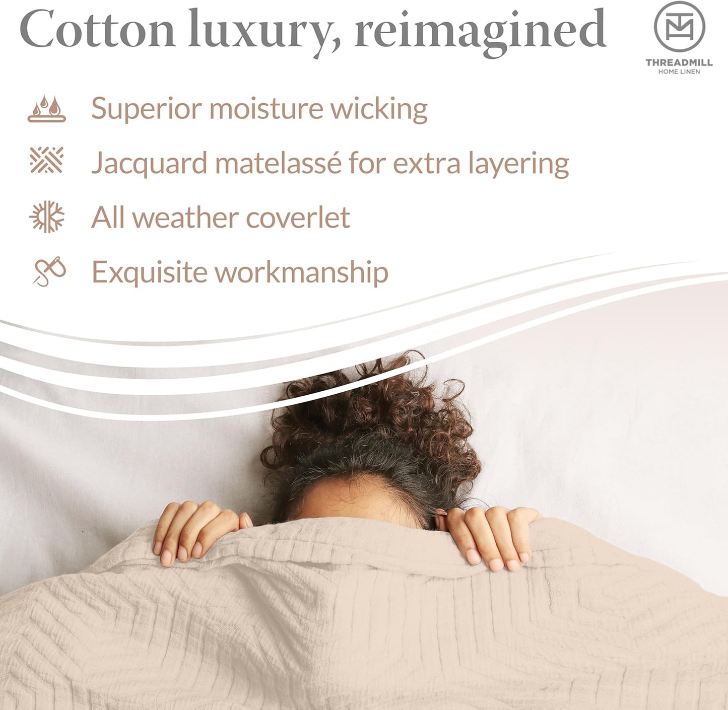 Threadmill Luxury Cotton Blankets for King Size Bed | All-Season Cozy 100% Cotton King Size Blanket | Aster Jacquard Soft & Lightweight Coverlet fits California King Size Bed, 104x92 | Vanilla Cream