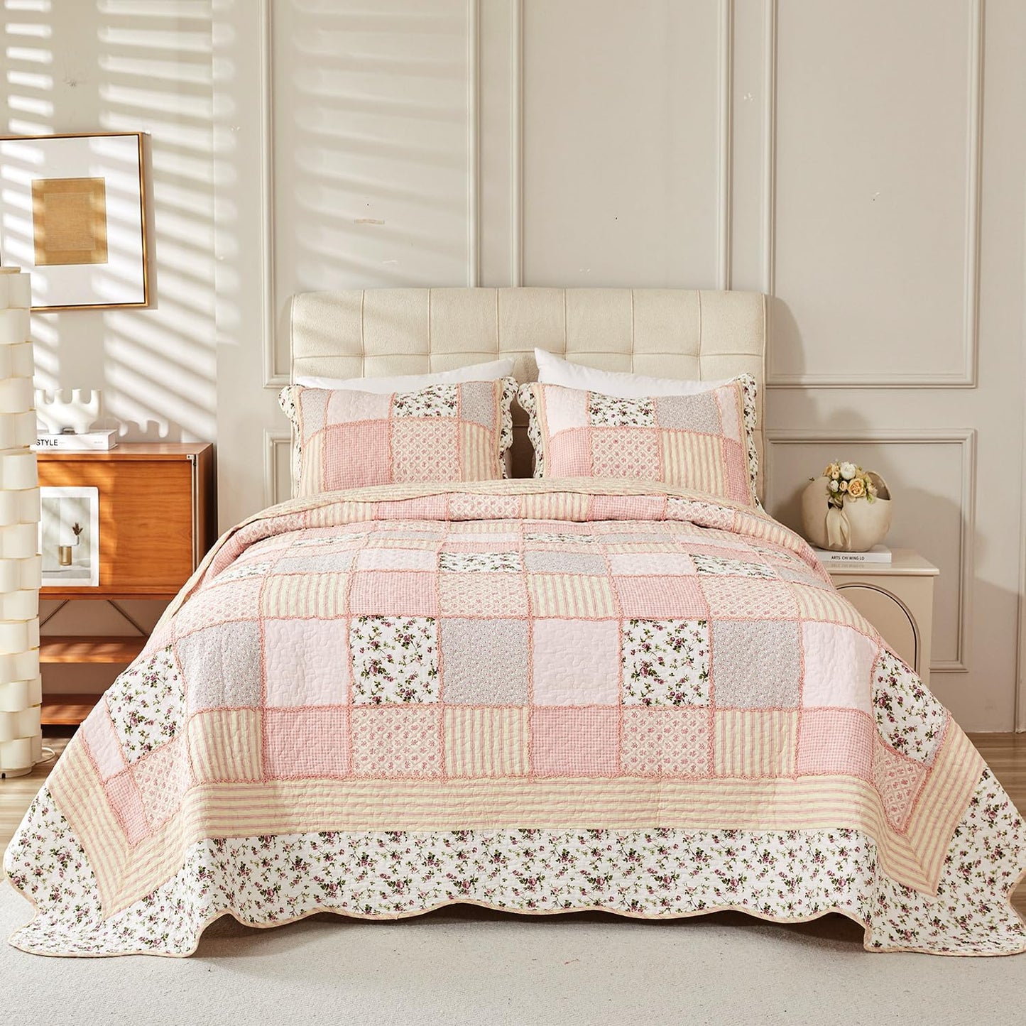 Cmfshape Floral Quilt Sets Bedspread Set 100% Cotton Patchwork Bedding Set, All Season Use Lightweight Reversible Coverlet Quilts with 2 Pillow Shams(Queen 92"x96")