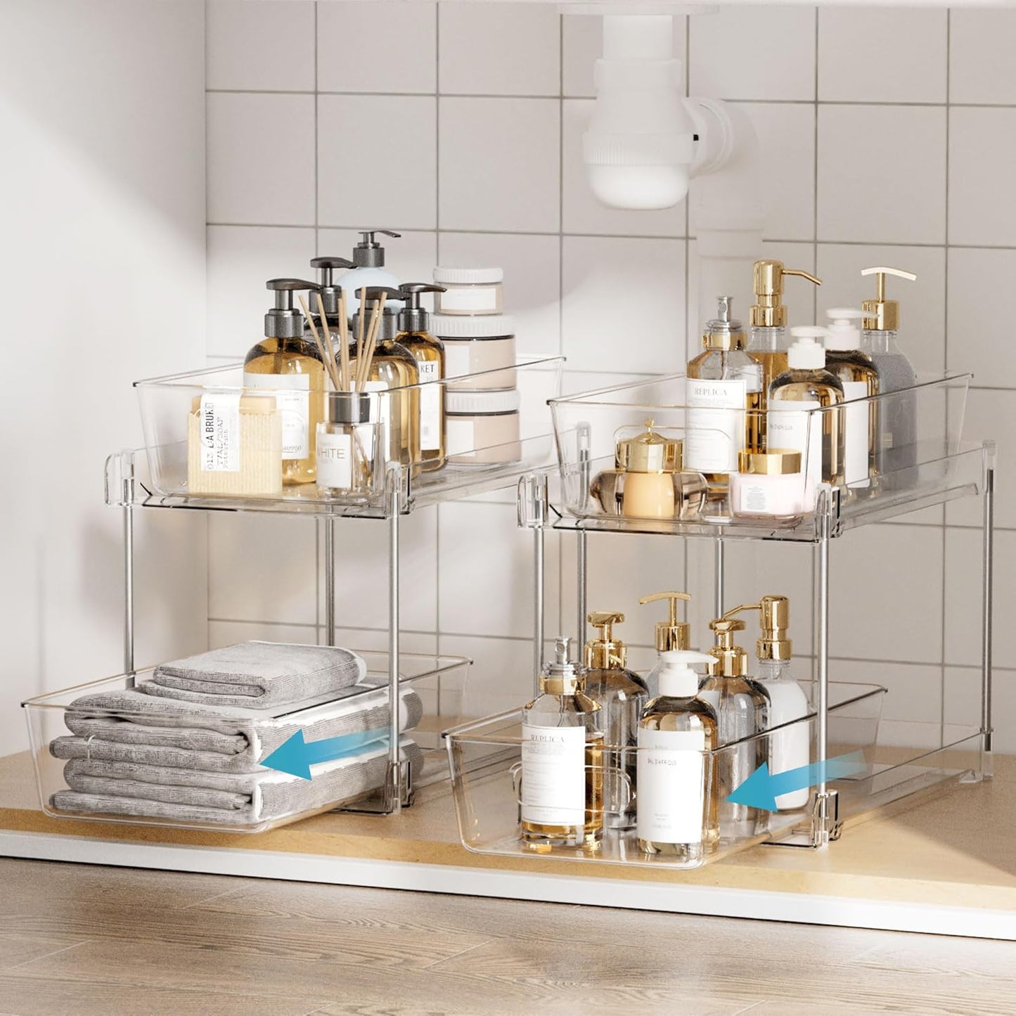 Vtopmart 6 Pack Bathroom Organizer, 2 Tier Clear Under Sink Organizers Vanity Countertop Storage Container,Cabinet Drawers Bins, Pull-Out Organization with Track for Pantry, Kitchen