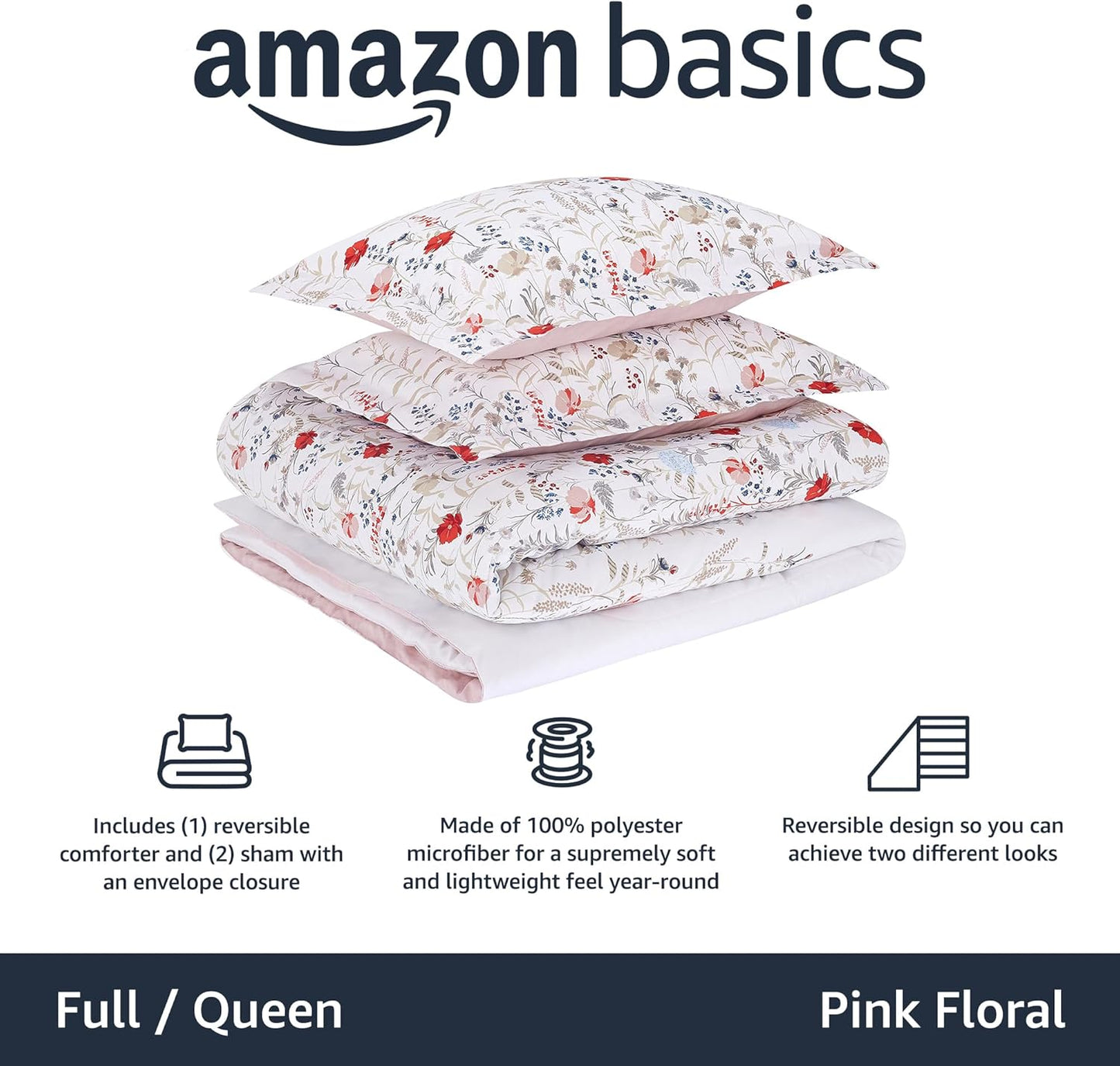 Amazon Basics Full/Queen Size Comforter Sets, Ultra-Soft Lightweight Microfiber Reversible 3-Piece Bedding, Pink Floral