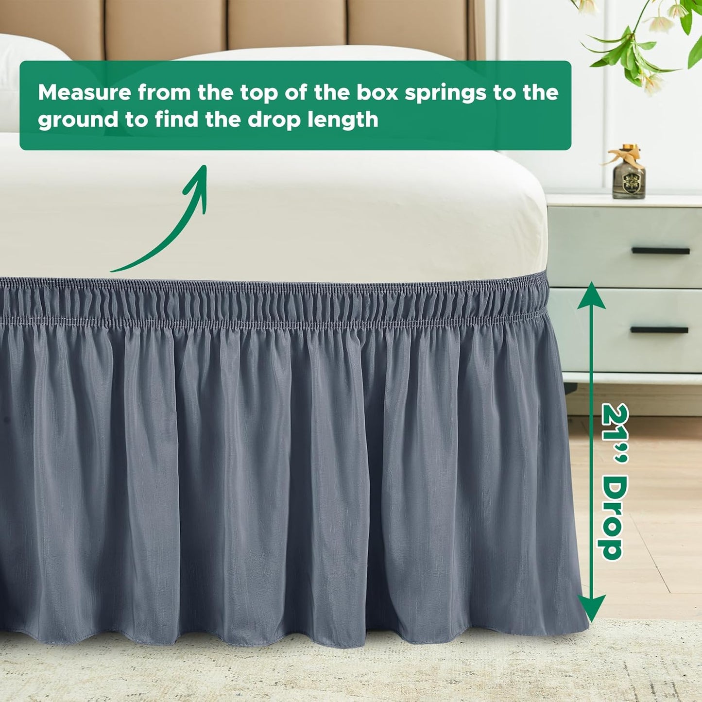Biscaynebay Wrap Around Bed Skirts for Queen Size Beds 21" Long Drop, Dark Grey Adjustable Elastic Dust Ruffles Easy Fit Wrinkle Resistant Silky Luxurious Fabric Machine Washable