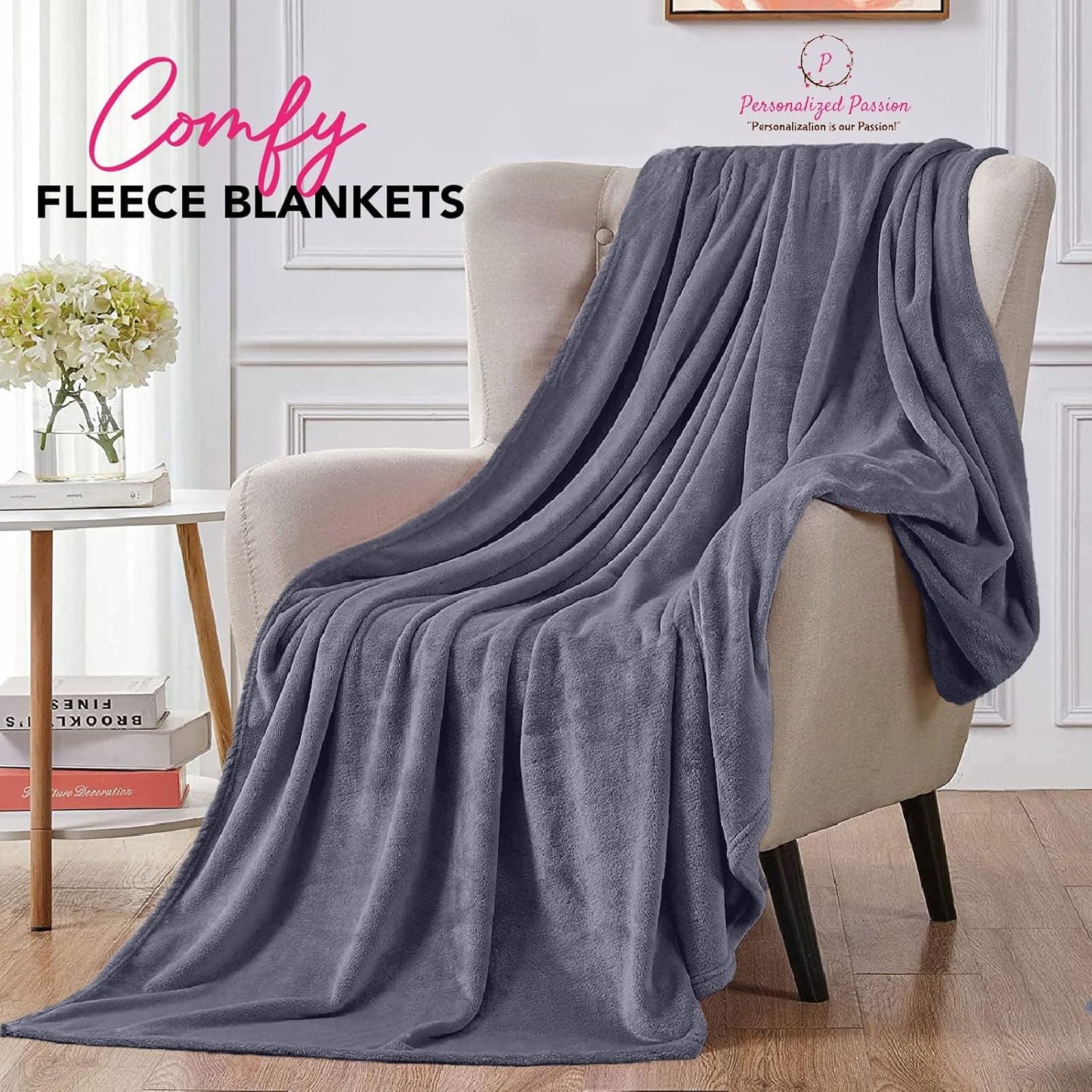 Personalized Blankets for Adults - Custom Blanket with Embroidered Name or Monogram - Soft Fleece Throw Cover for Bed & Couch - Grey (60"x80")